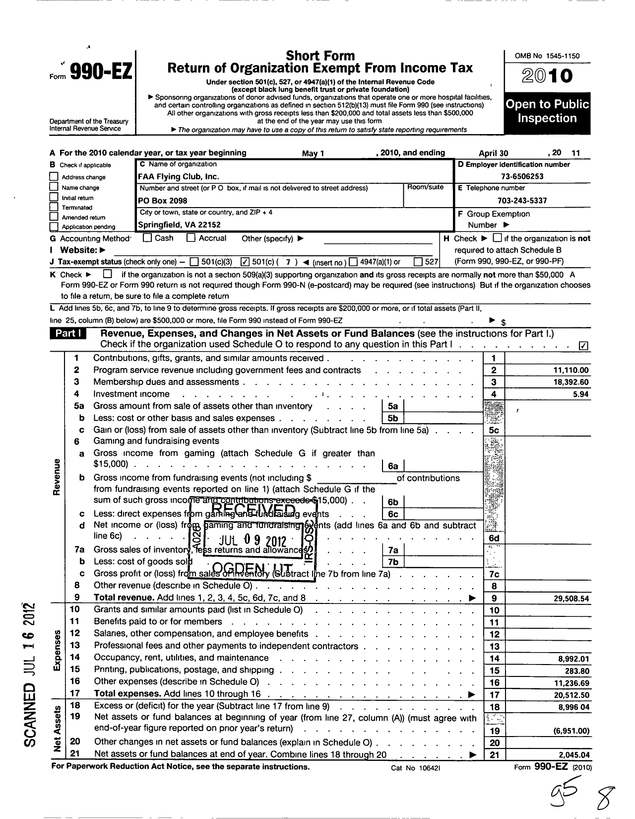 Image of first page of 2010 Form 990EO for Faa Flying Club