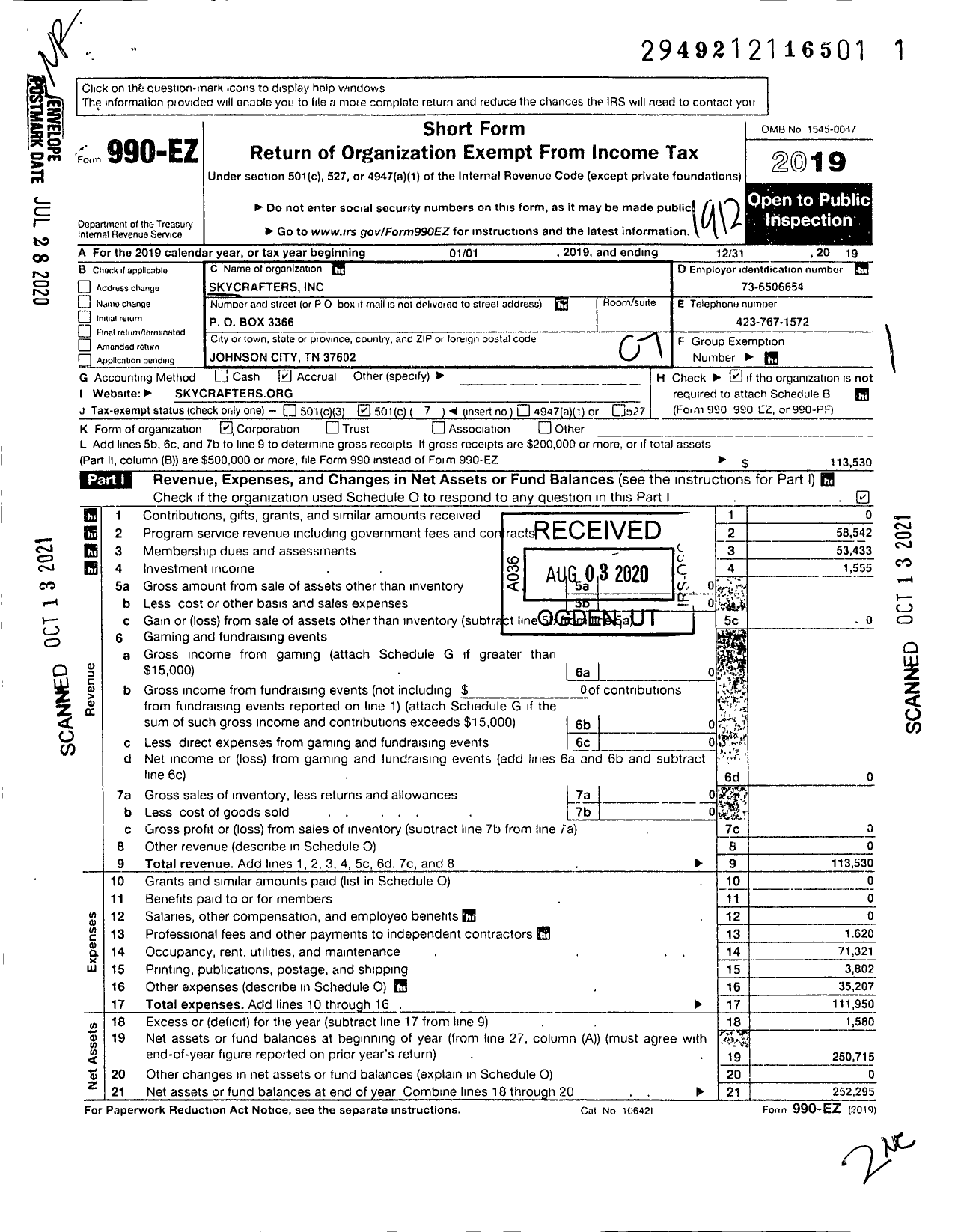 Image of first page of 2019 Form 990EO for Skycrafters