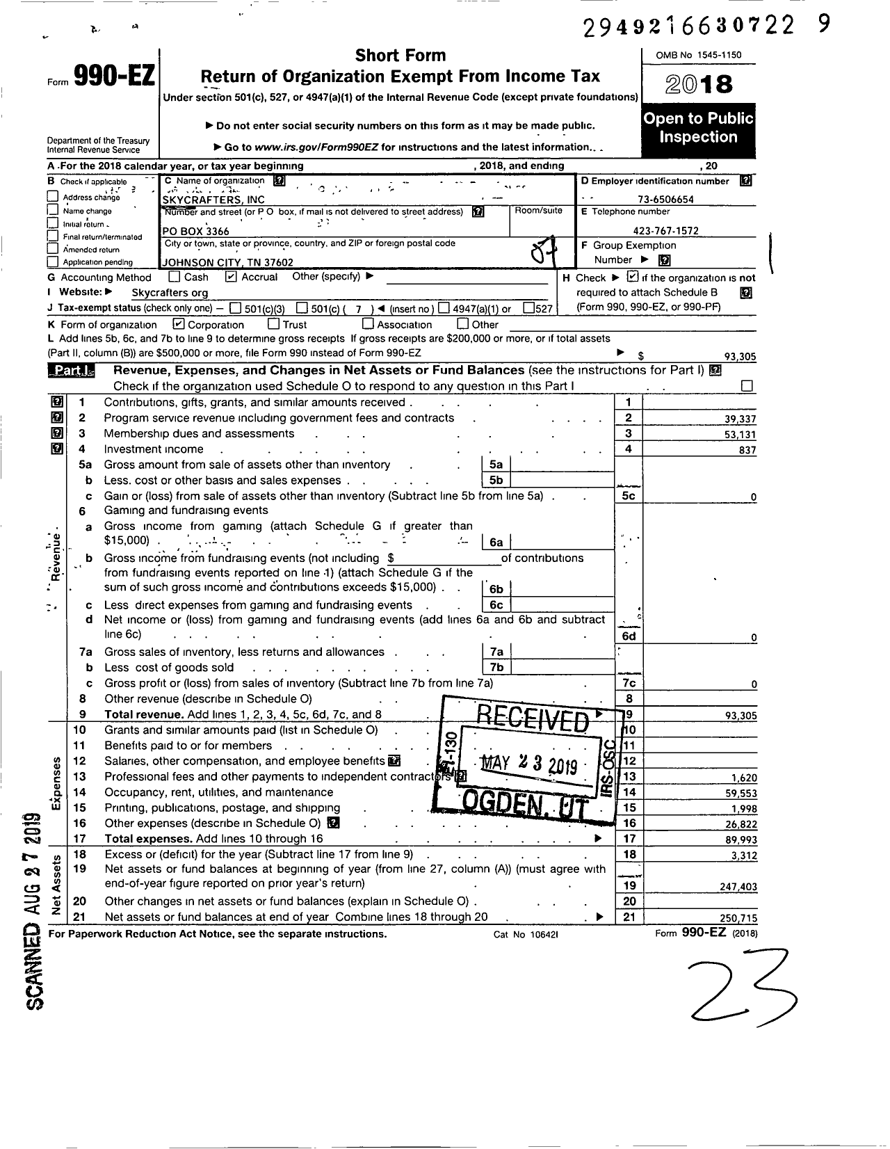 Image of first page of 2018 Form 990EO for Skycrafters