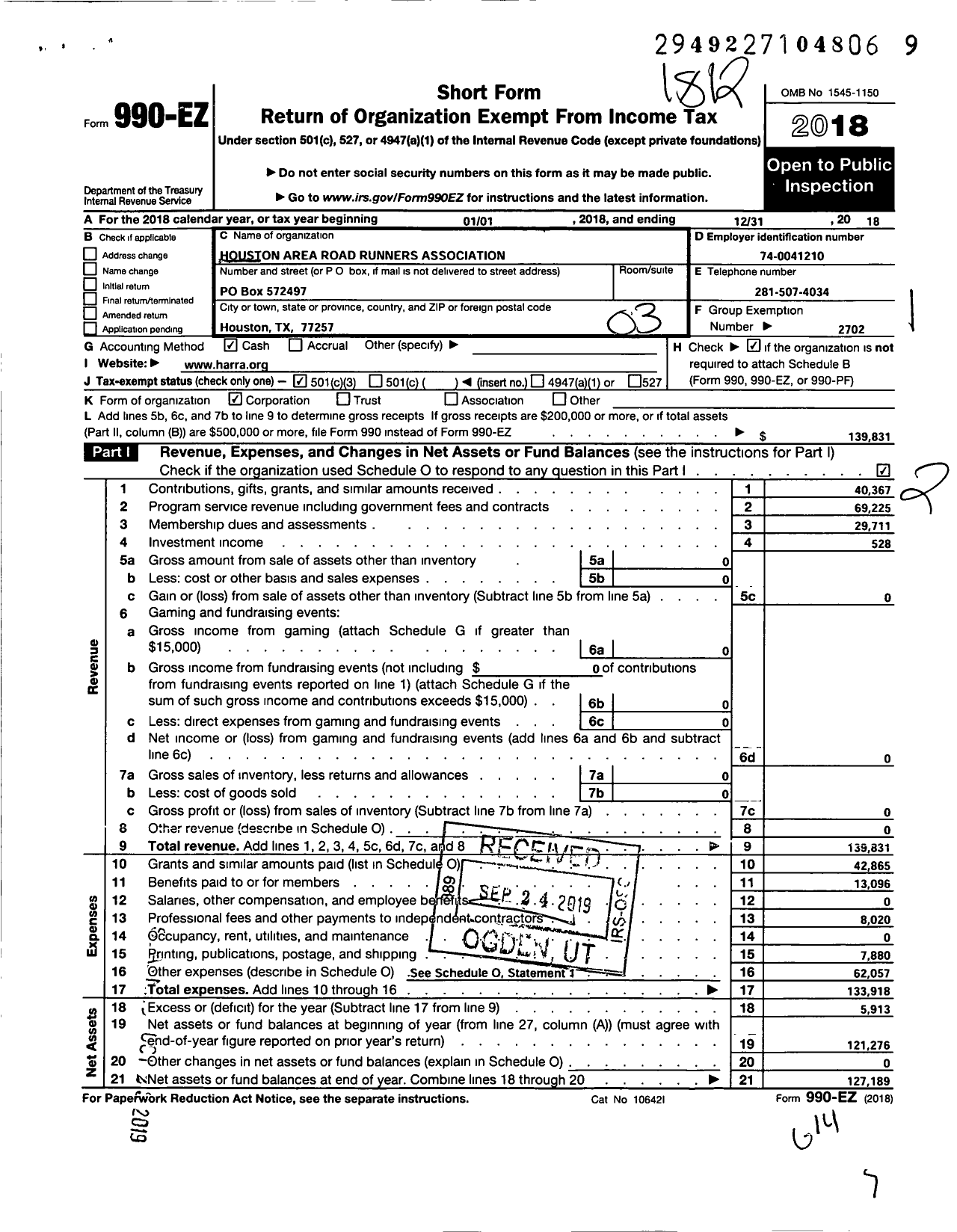 Image of first page of 2018 Form 990EZ for Houston Area Road Runners Association