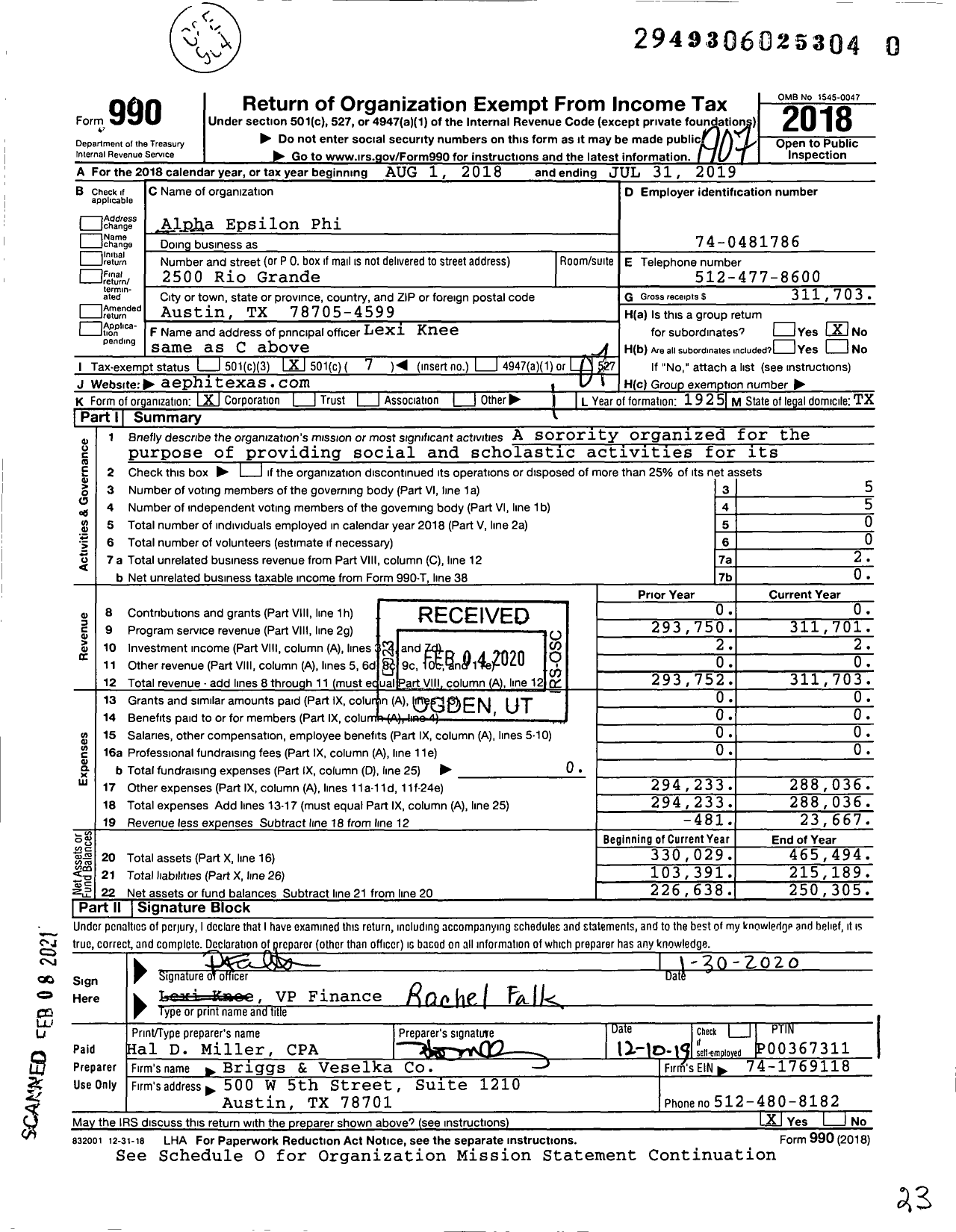 Image of first page of 2018 Form 990O for Alpha Epsilon Phi