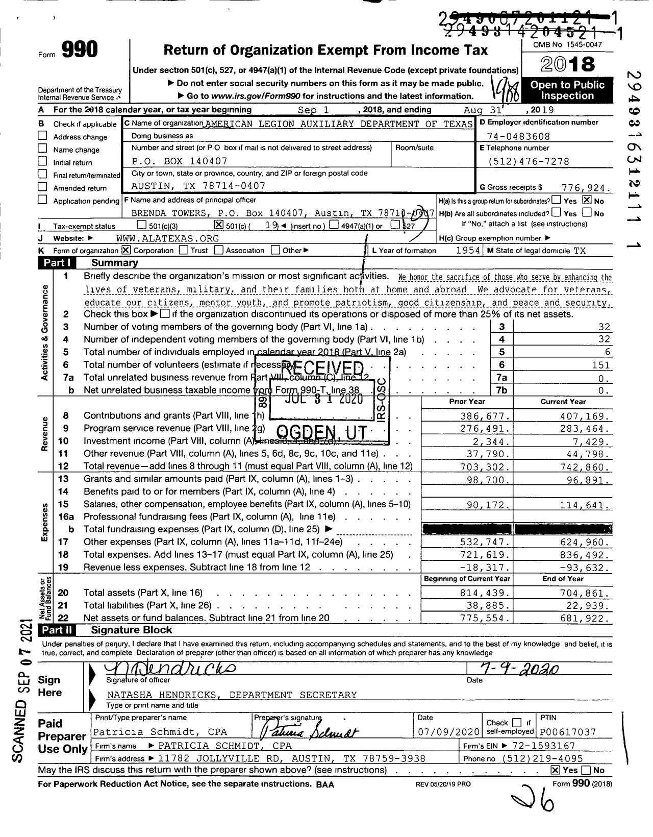 Image of first page of 2018 Form 990O for American Legion Auxiliary Department of Texas