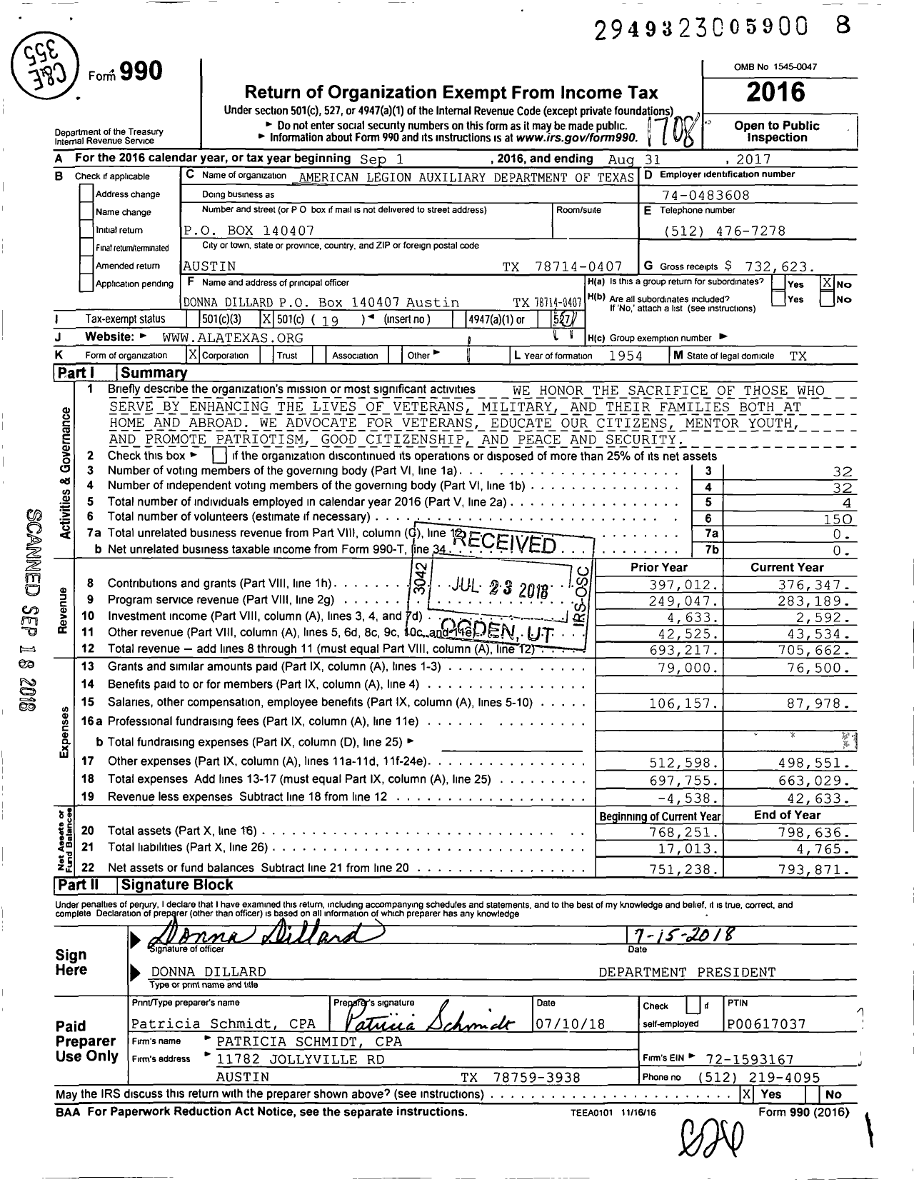 Image of first page of 2016 Form 990O for American Legion Auxiliary Department of Texas