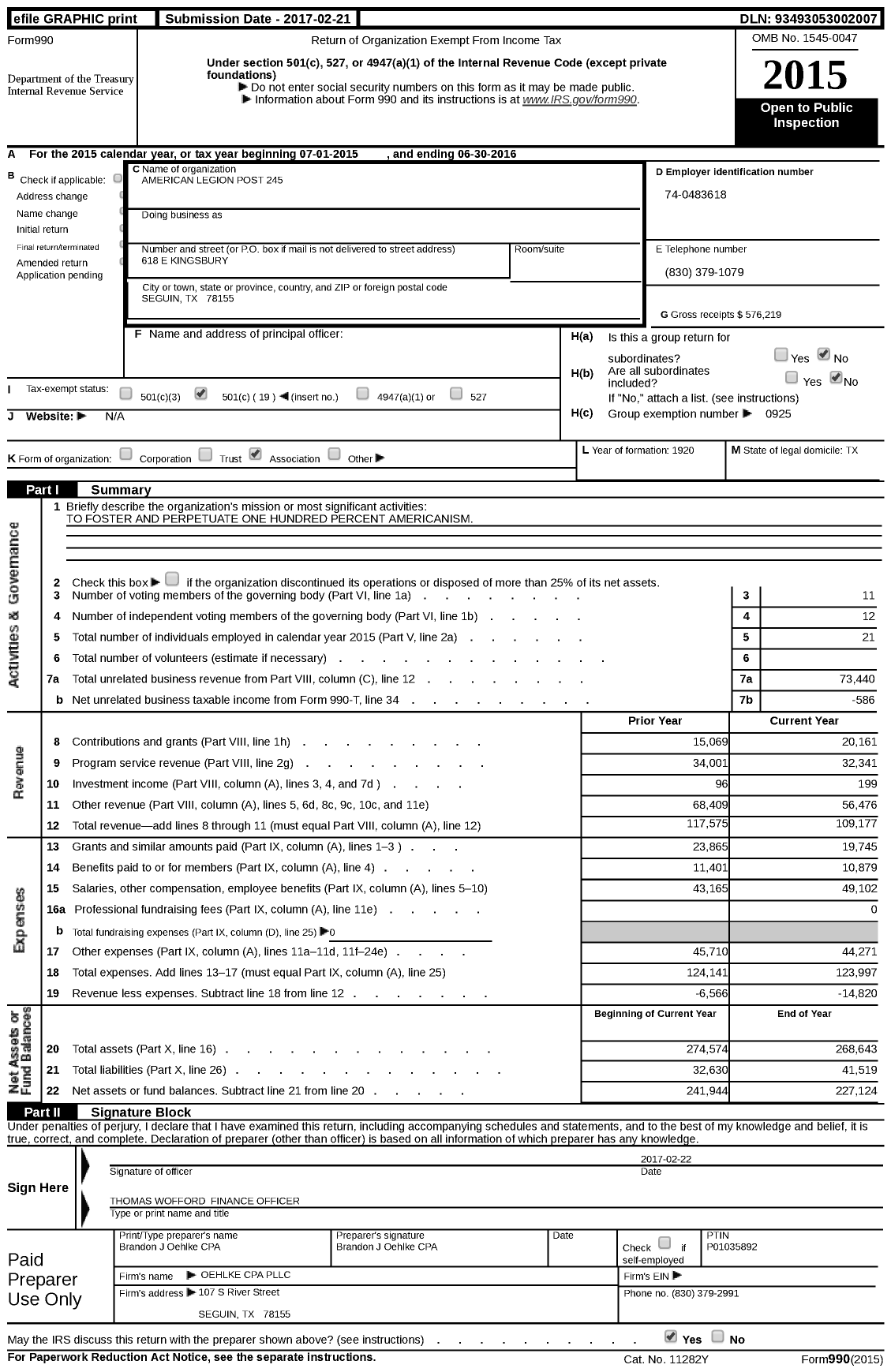 Image of first page of 2015 Form 990 for American Legion Post 245
