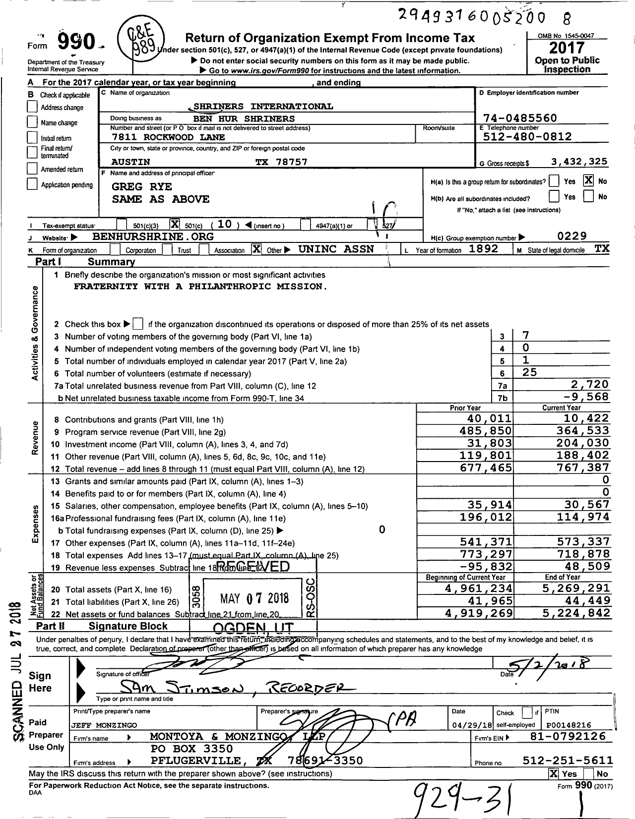 Image of first page of 2017 Form 990O for Shriners International / Ben Hur Shriners