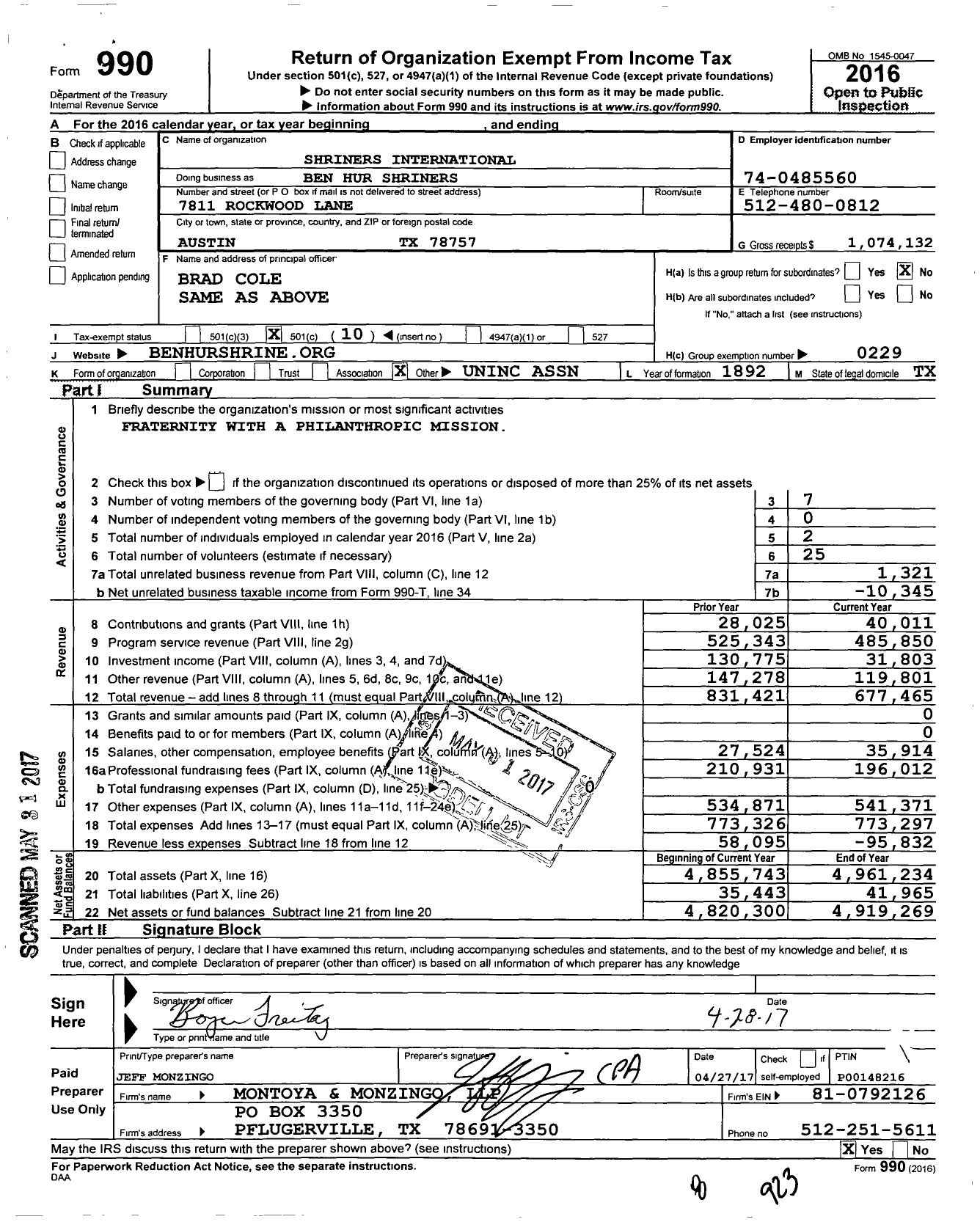 Image of first page of 2016 Form 990O for Shriners International / Ben Hur Shriners