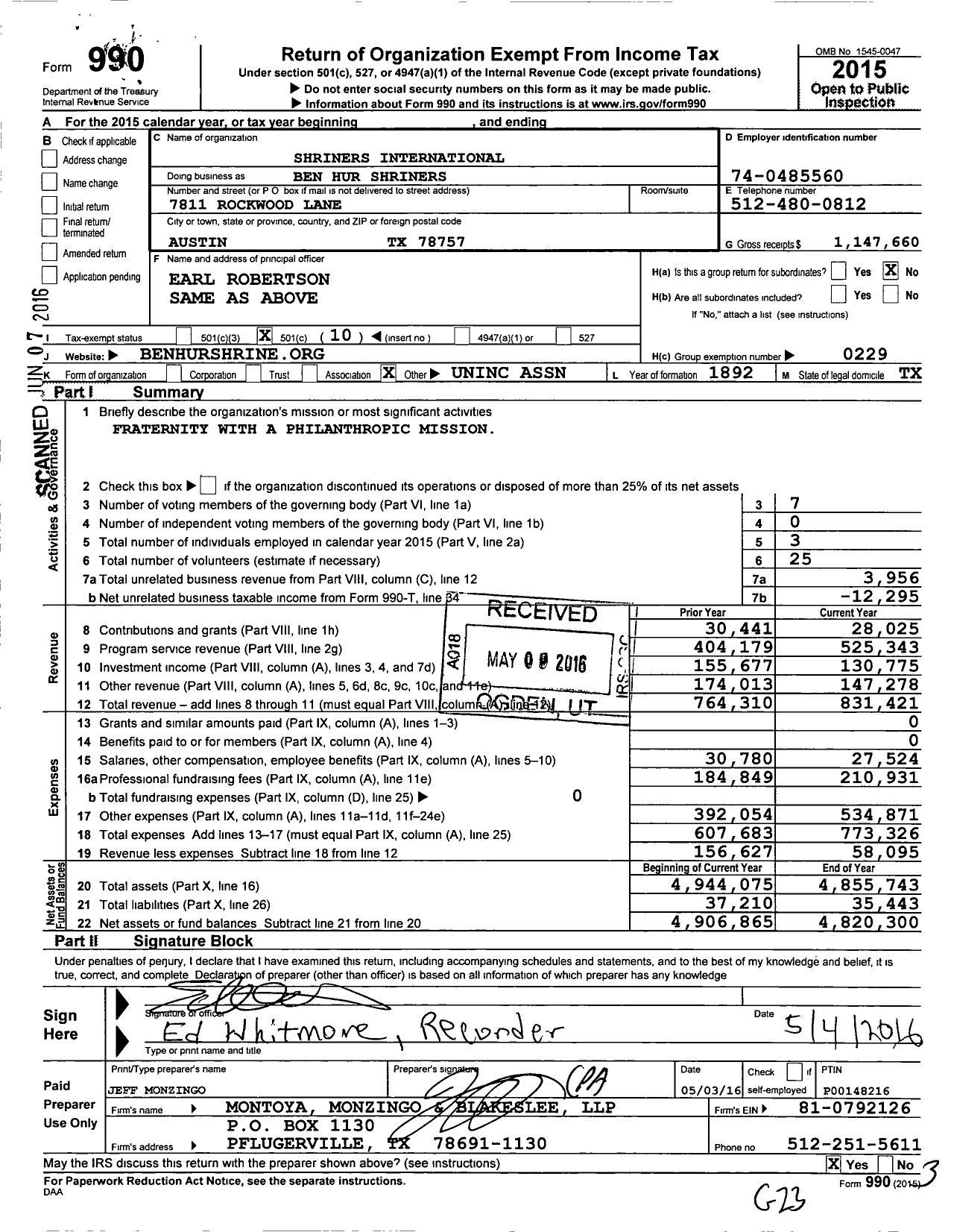 Image of first page of 2015 Form 990O for Shriners International / Ben Hur Shriners