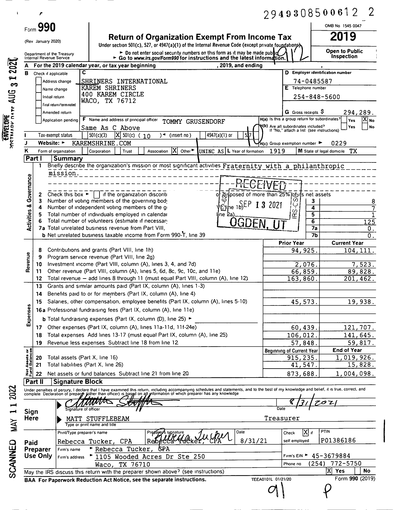 Image of first page of 2019 Form 990O for Shriners International - Karem Shriners