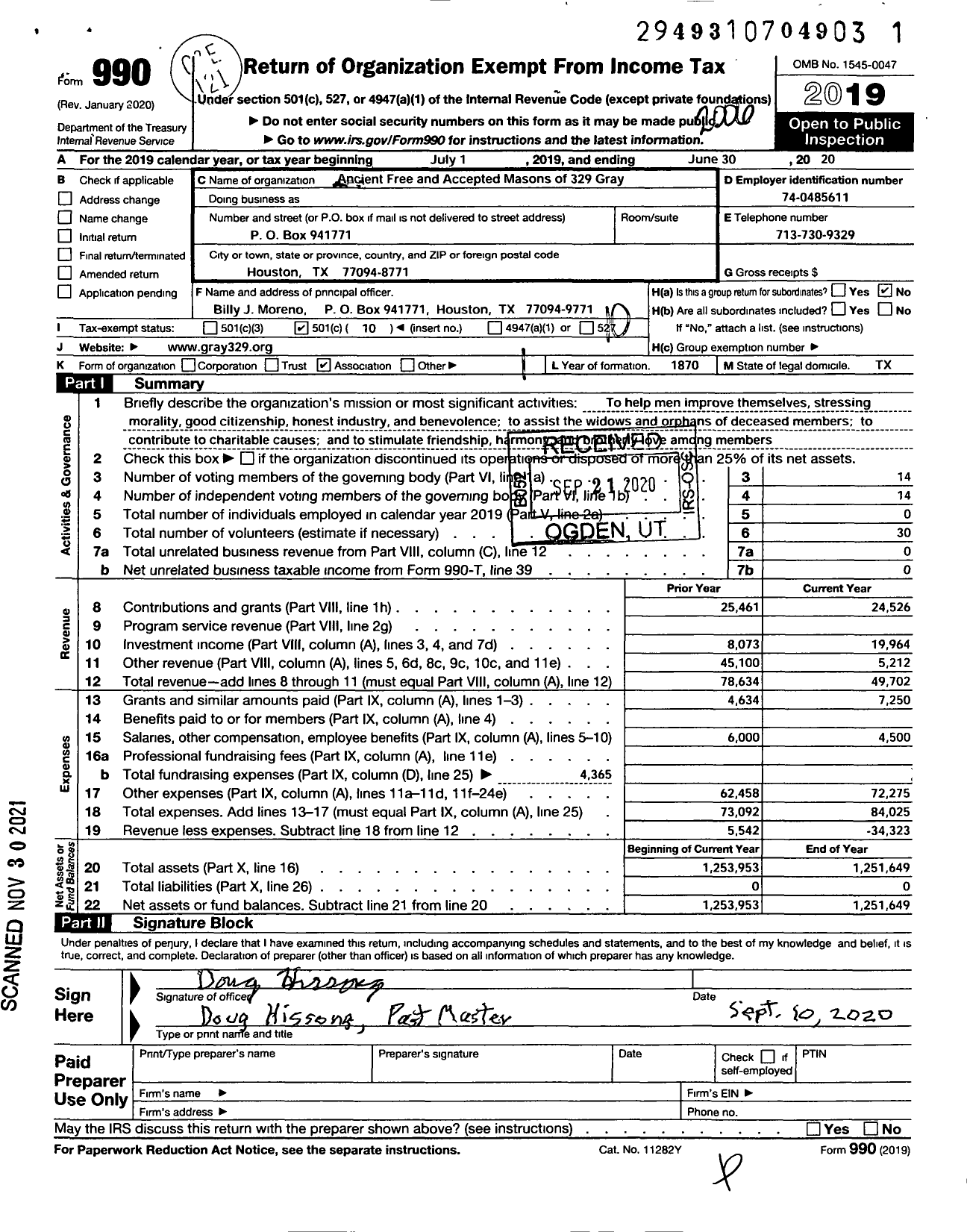 Image of first page of 2019 Form 990O for Freemasons in Texas - 329 Gray