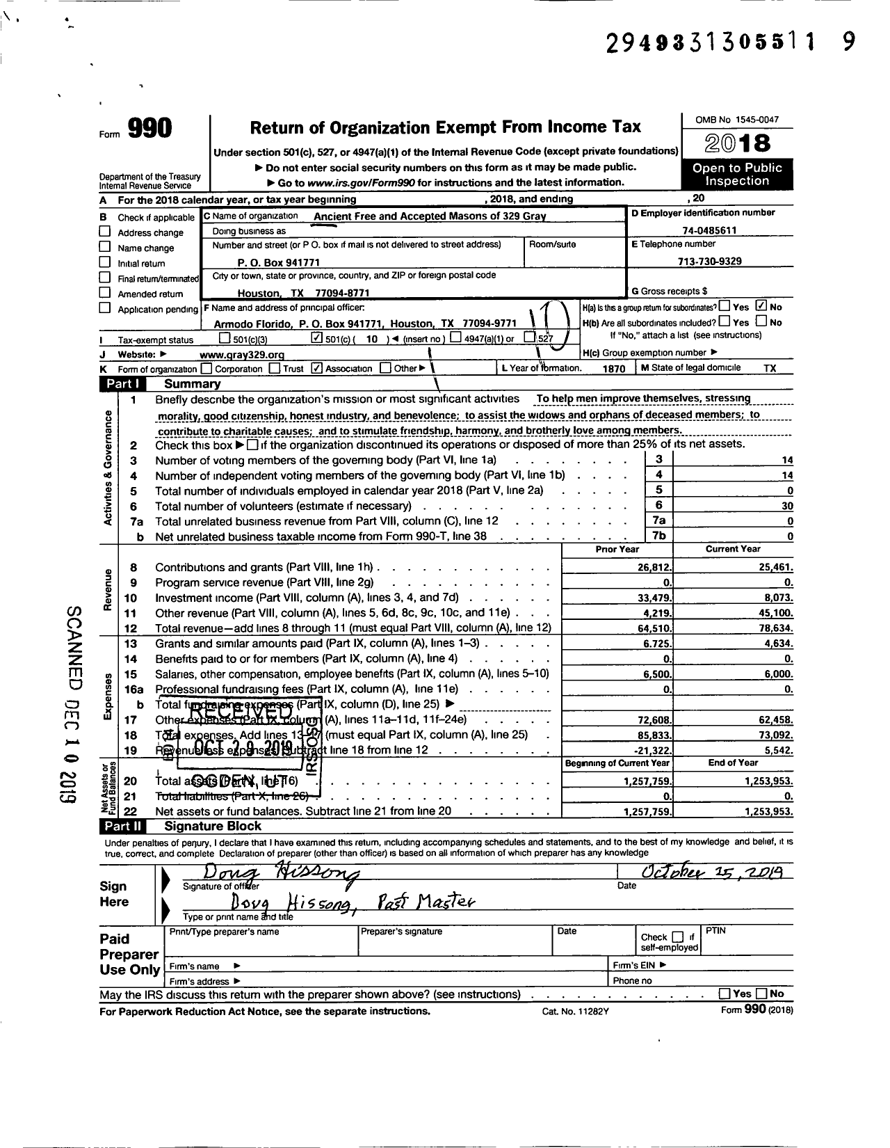 Image of first page of 2018 Form 990O for Freemasons in Texas - 329 Gray