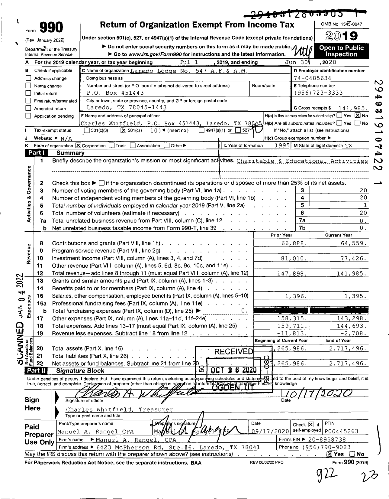 Image of first page of 2019 Form 990O for Freemasons in Texas - 547 Laredo