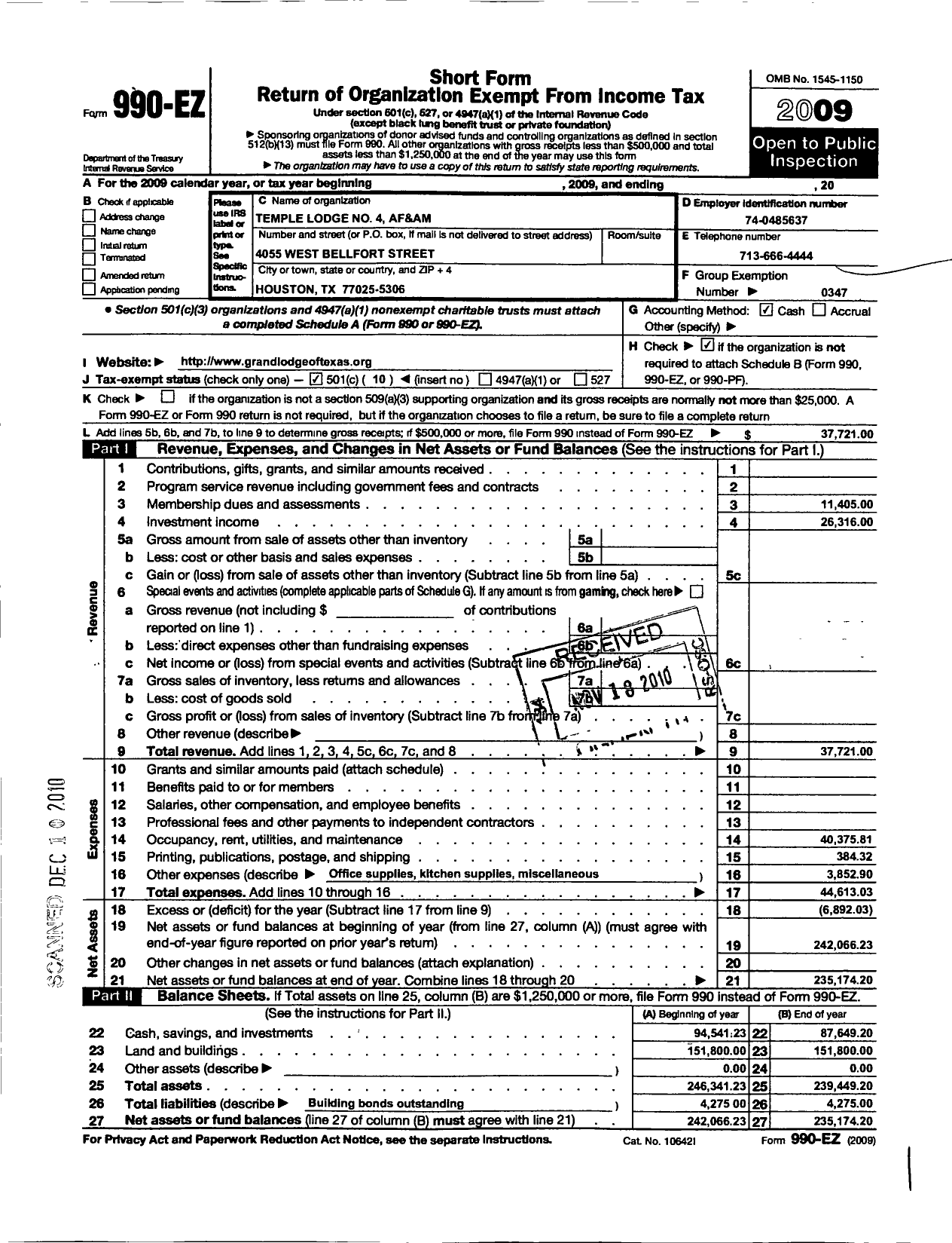 Image of first page of 2009 Form 990EO for Freemasons in Texas - 4 Temple