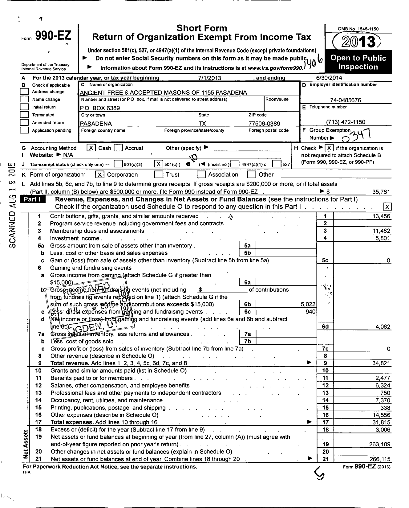 Image of first page of 2013 Form 990EO for Freemasons in Texas - 1155 Pasadena