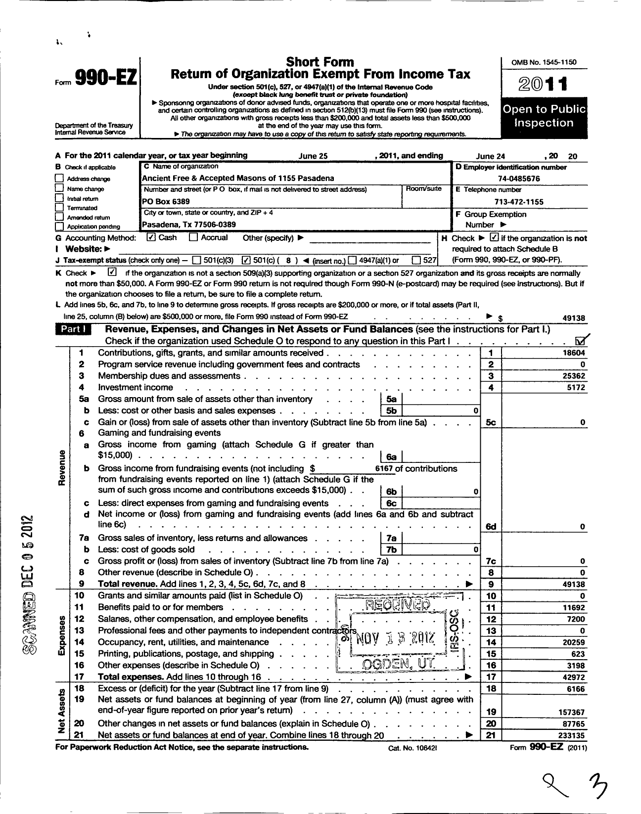 Image of first page of 2010 Form 990EO for Freemasons in Texas - 1155 Pasadena