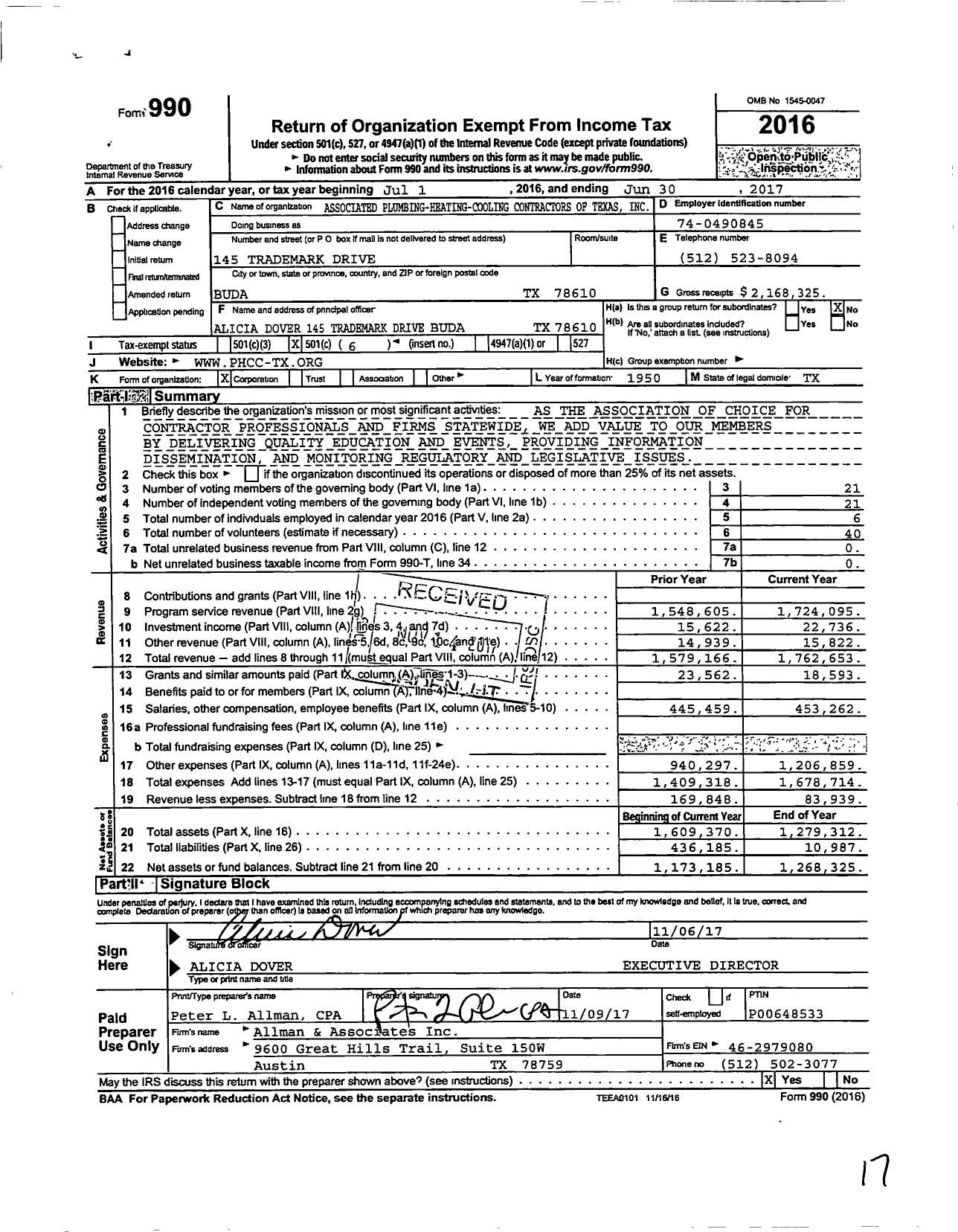 Image of first page of 2016 Form 990O for Plumbing-Heating-Cooling Contractors (PHCC)