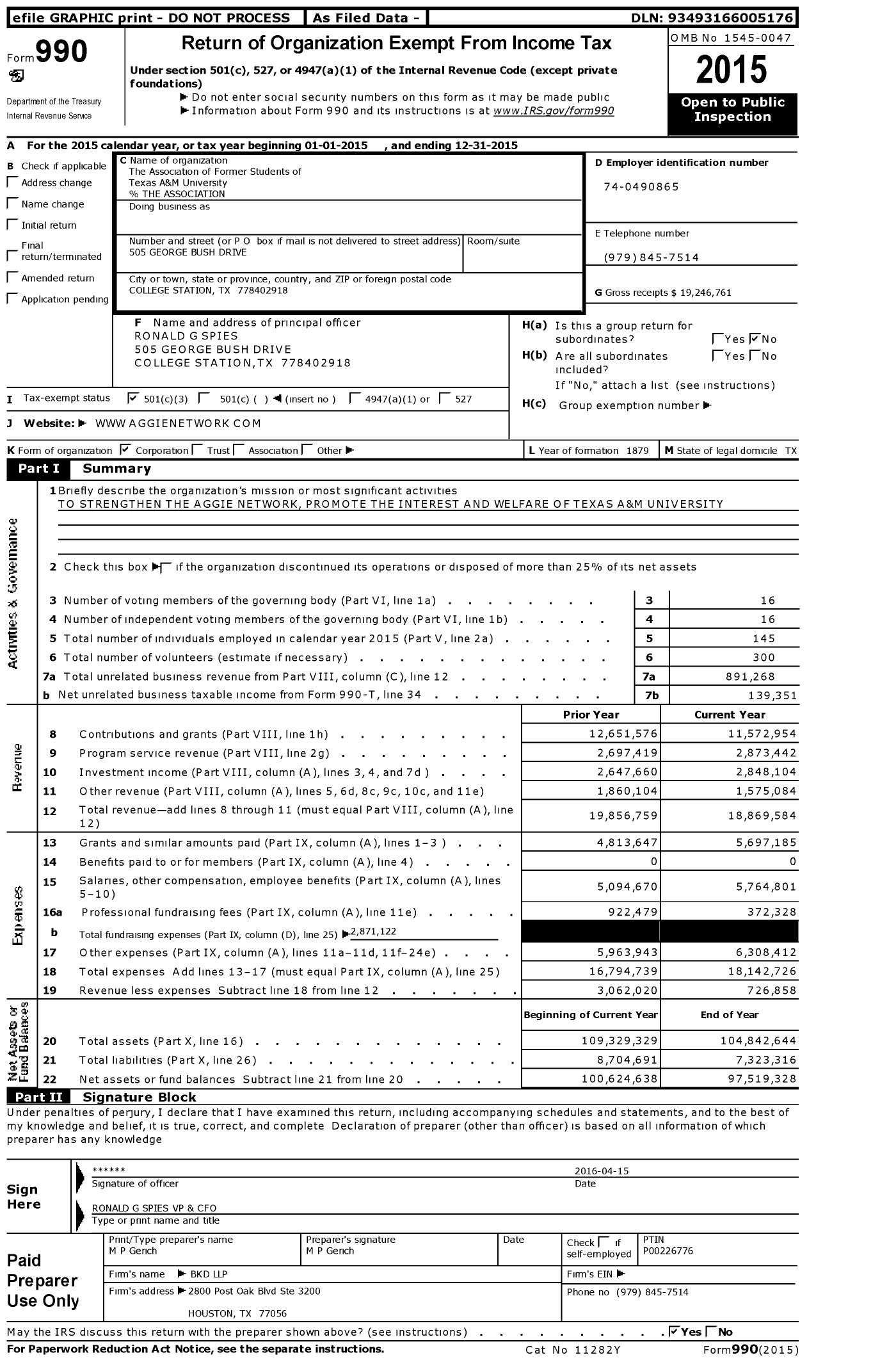 Image of first page of 2015 Form 990 for The Association of Former Students of Texas A&M University