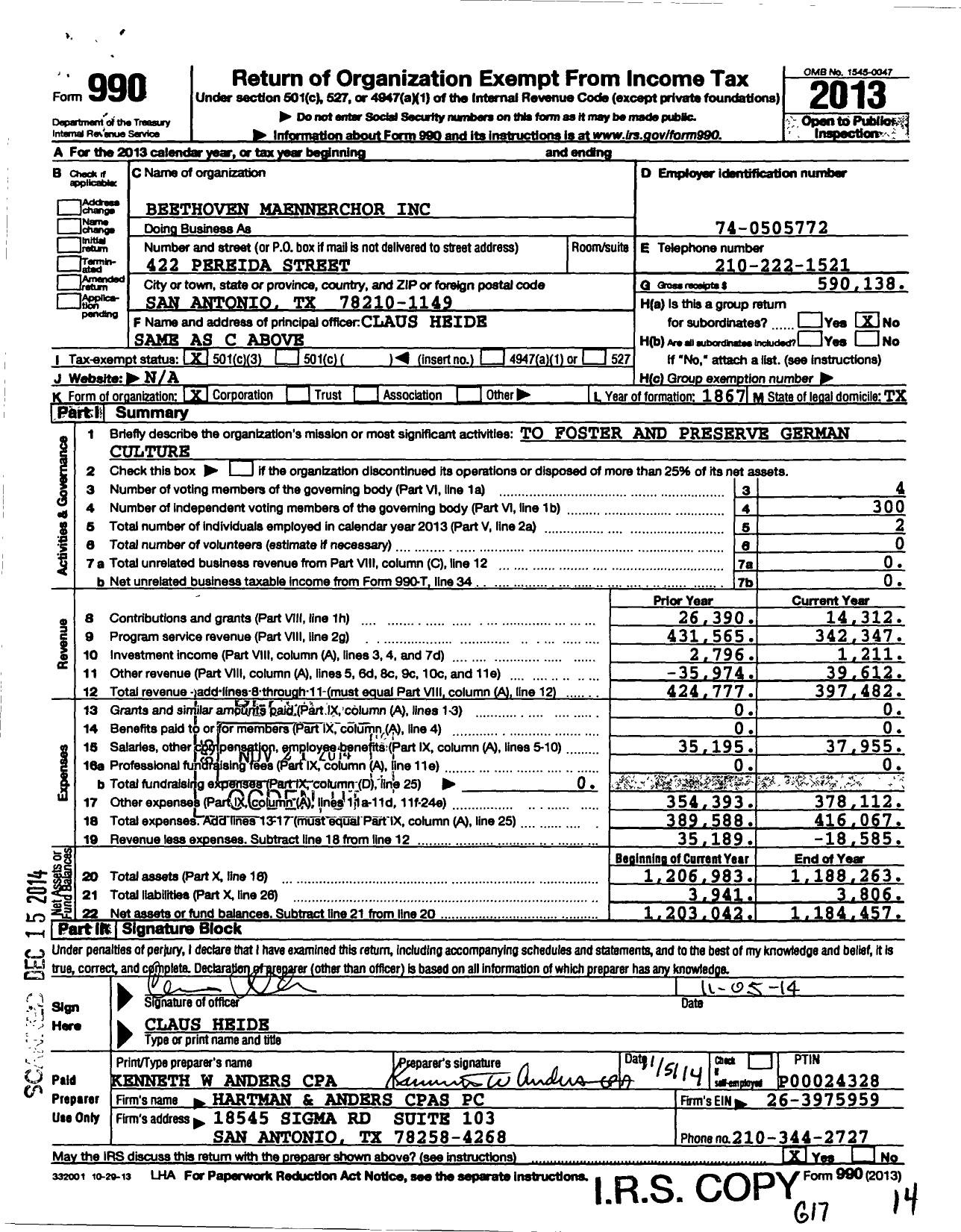 Image of first page of 2013 Form 990 for Beethoven Maennerchor