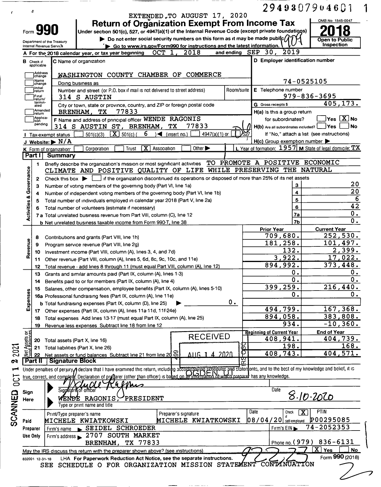 Image of first page of 2018 Form 990O for Washington County Chamber of Commerce