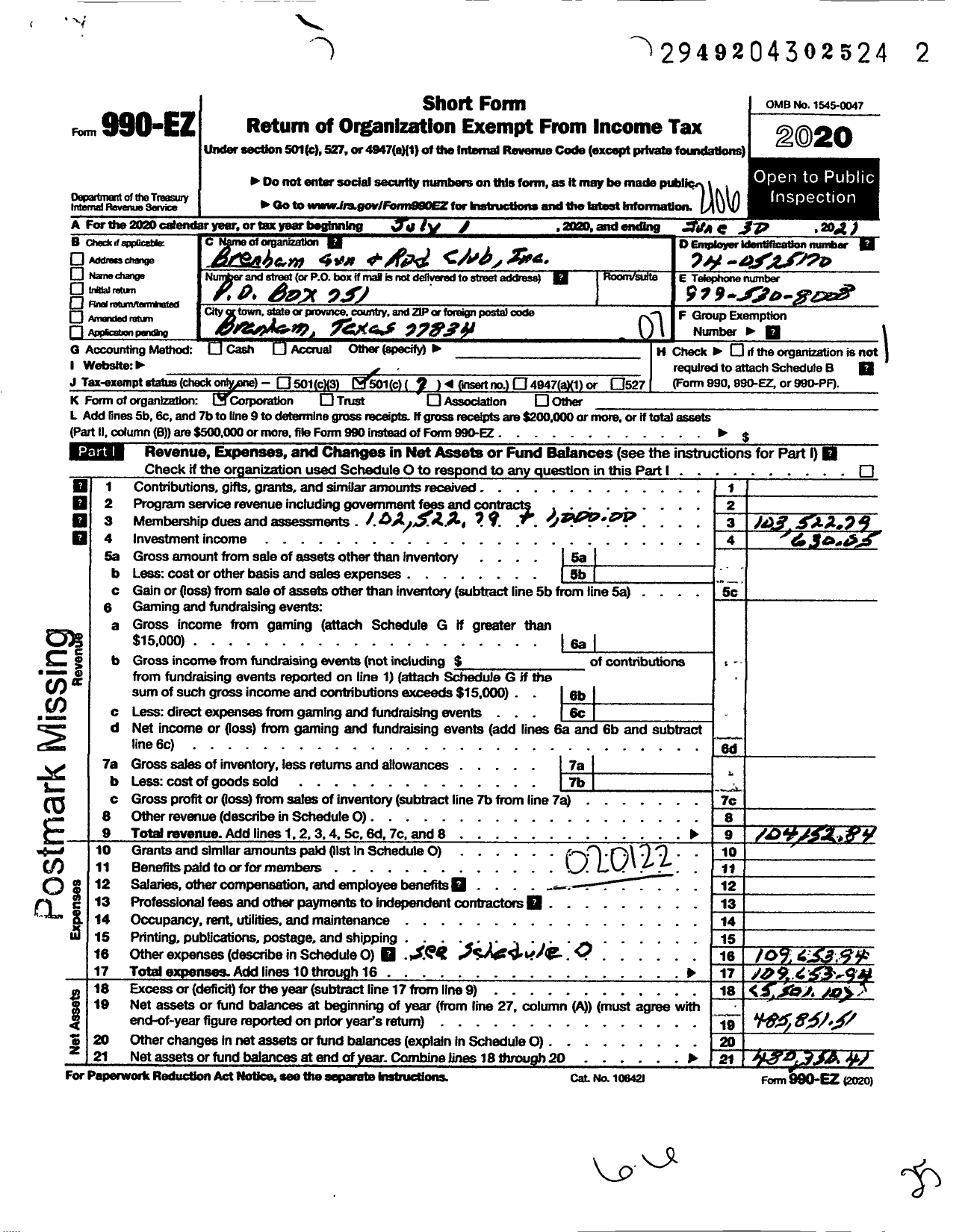 Image of first page of 2020 Form 990EO for Brenham Gun and Rod Club