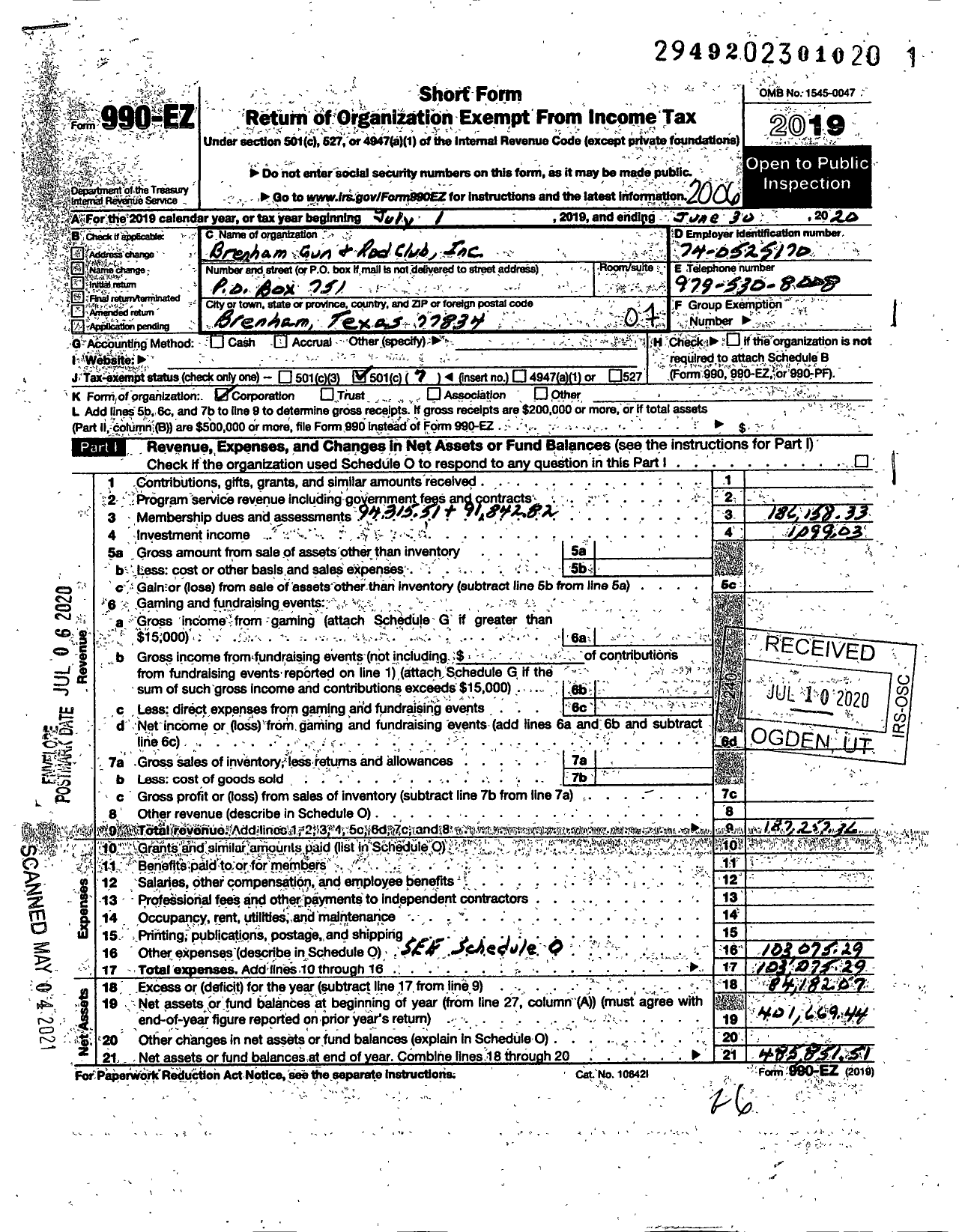 Image of first page of 2019 Form 990EO for Brenham Gun and Rod Club