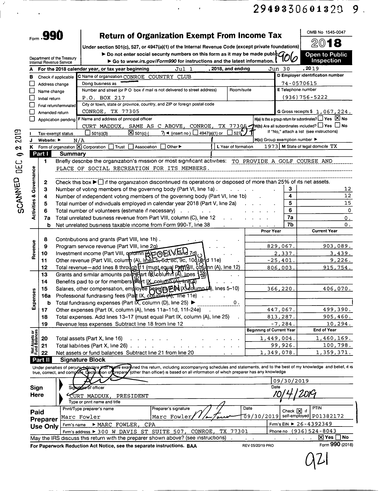 Image of first page of 2018 Form 990O for Conroe Country Club