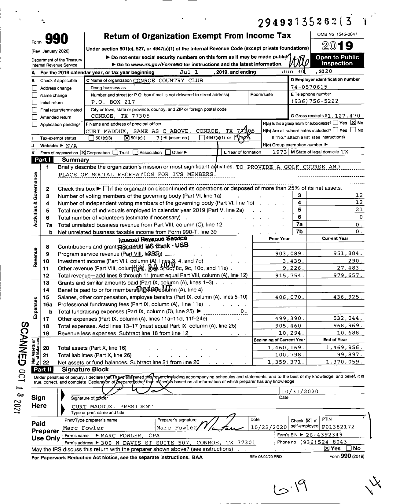 Image of first page of 2019 Form 990O for Conroe Country Club