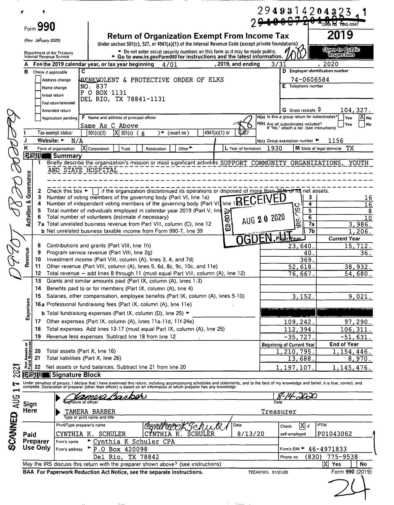 Image of first page of 2019 Form 990O for Benevolent and Protective Order of Elks - 837 Del Rio