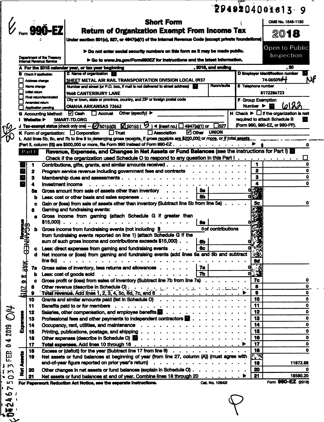 Image of first page of 2018 Form 990EO for Smart Union - Nigel S Doyle