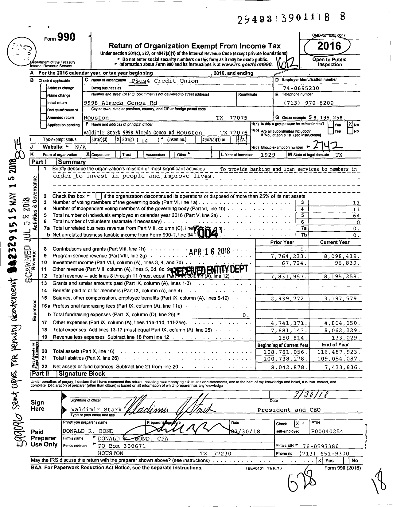 Image of first page of 2016 Form 990O for Plus4 Credit Union