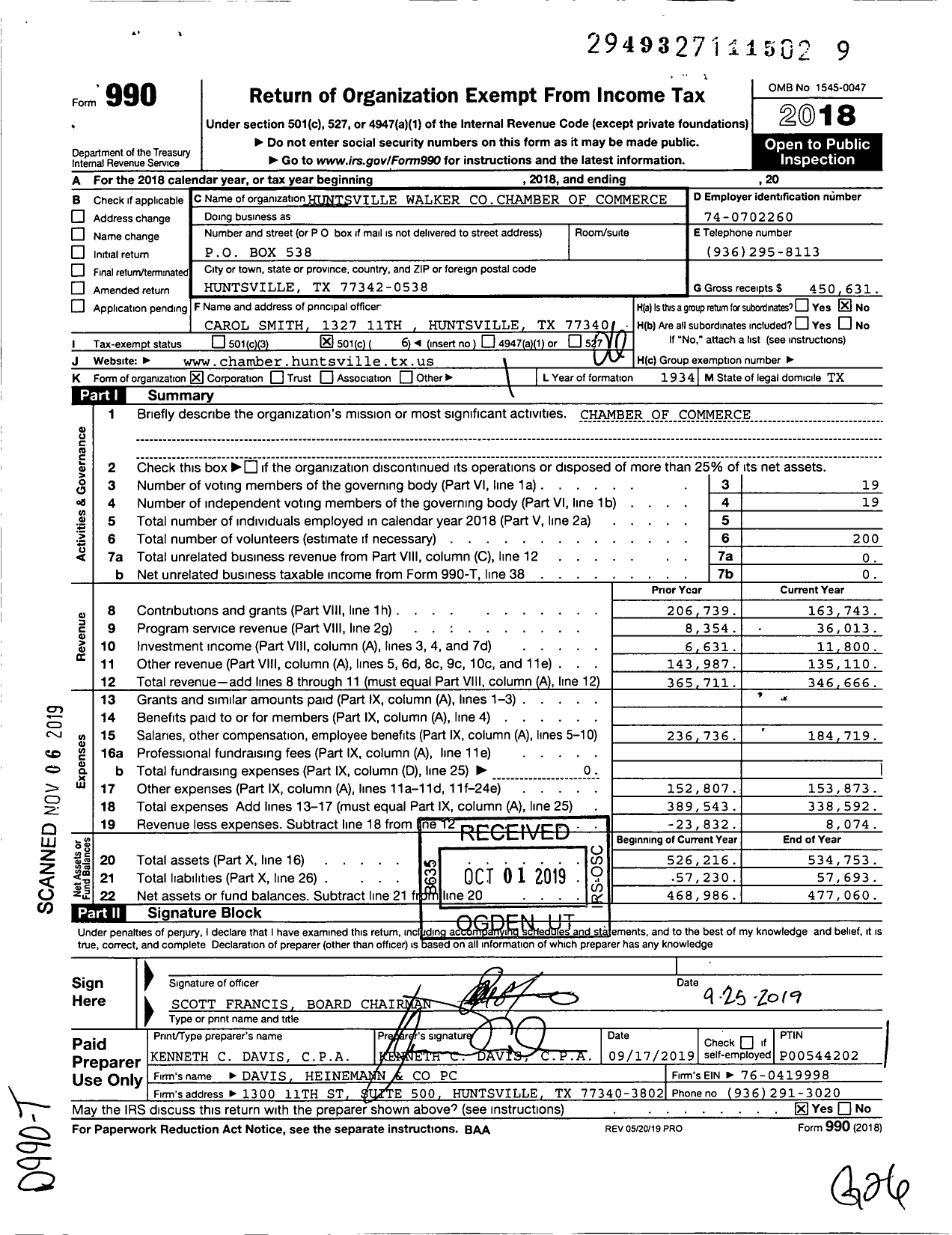 Image of first page of 2018 Form 990O for Huntsville Walker Cochamber of Commerce