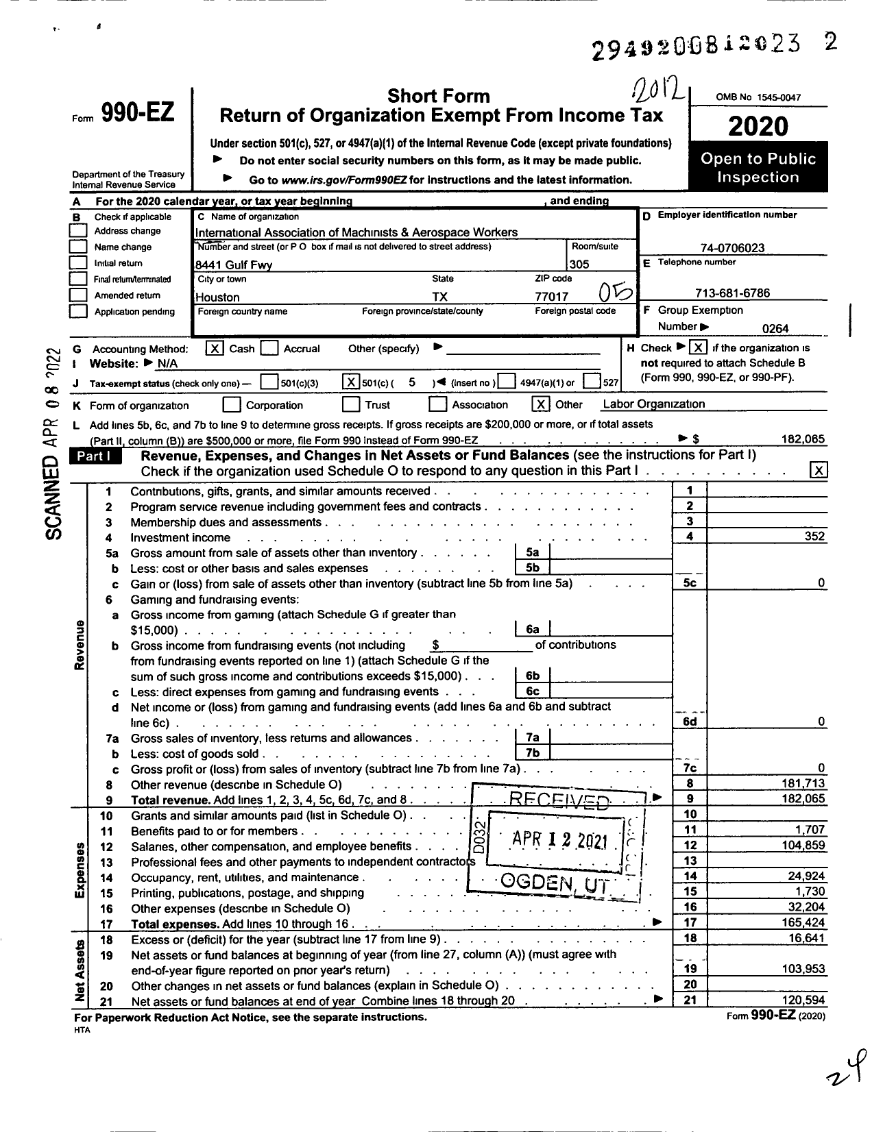 Image of first page of 2020 Form 990EO for International Association of Machinists and Aerospace Workers - 37 Dist