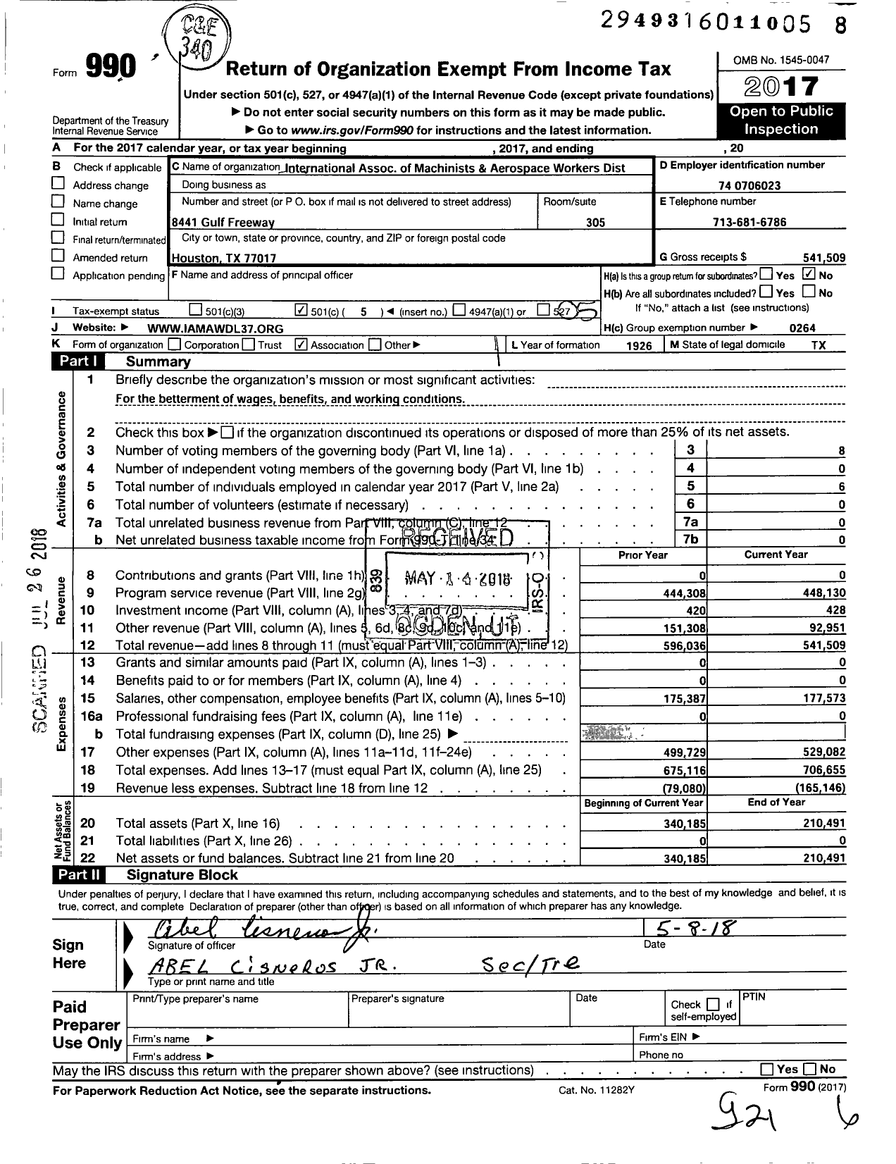 Image of first page of 2017 Form 990O for International Association of Machinists and Aerospace Workers - 37 Dist