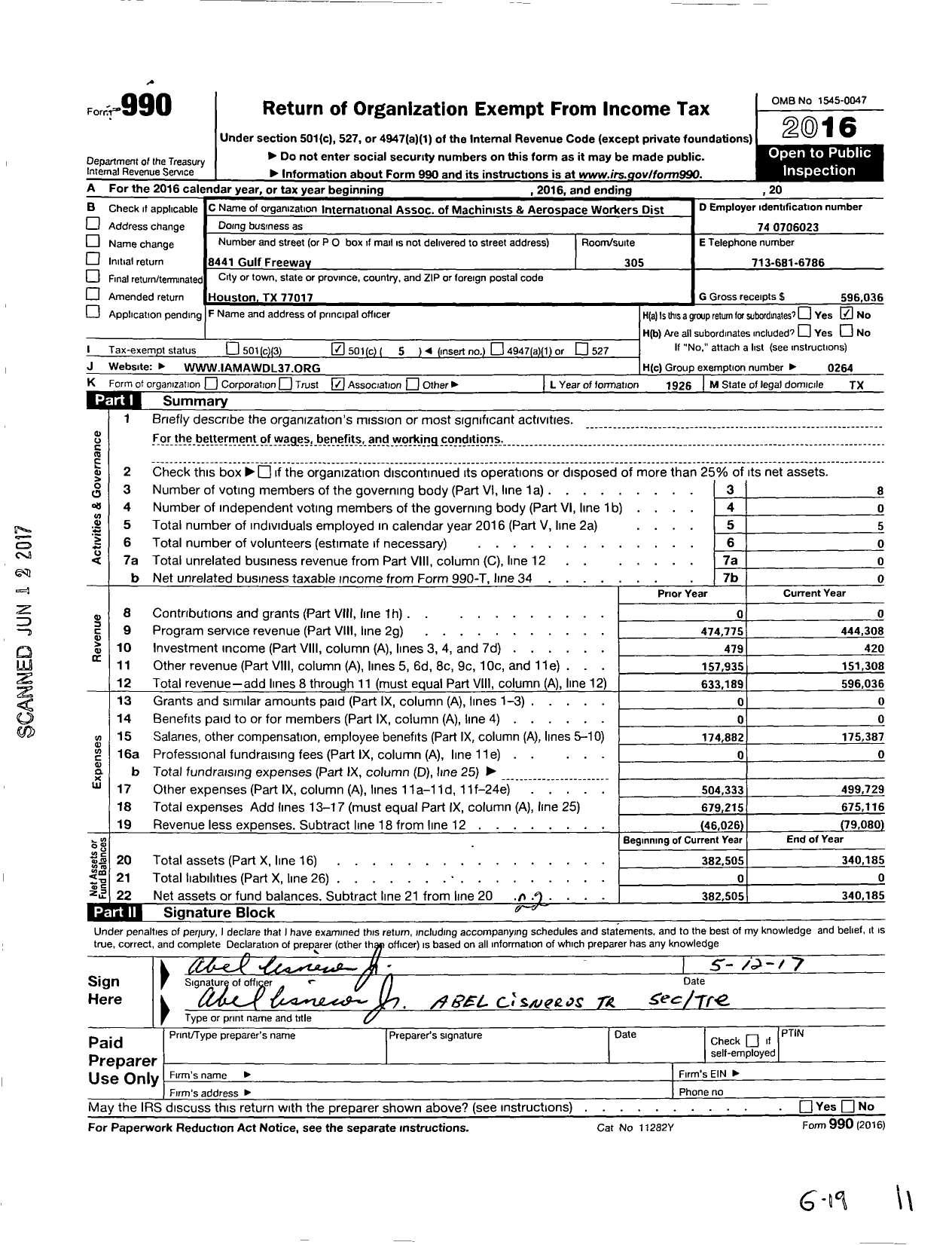 Image of first page of 2016 Form 990O for International Association of Machinists and Aerospace Workers - 37 Dist