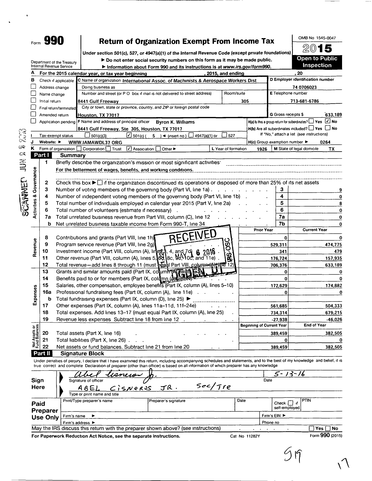 Image of first page of 2015 Form 990O for International Association of Machinists and Aerospace Workers - 37 Dist