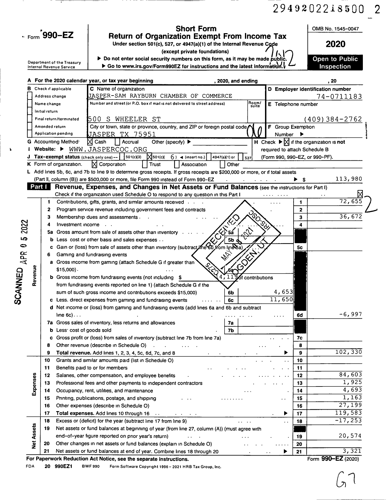 Image of first page of 2020 Form 990EO for Jasper-Sam Rayburn Chamber of Commerce