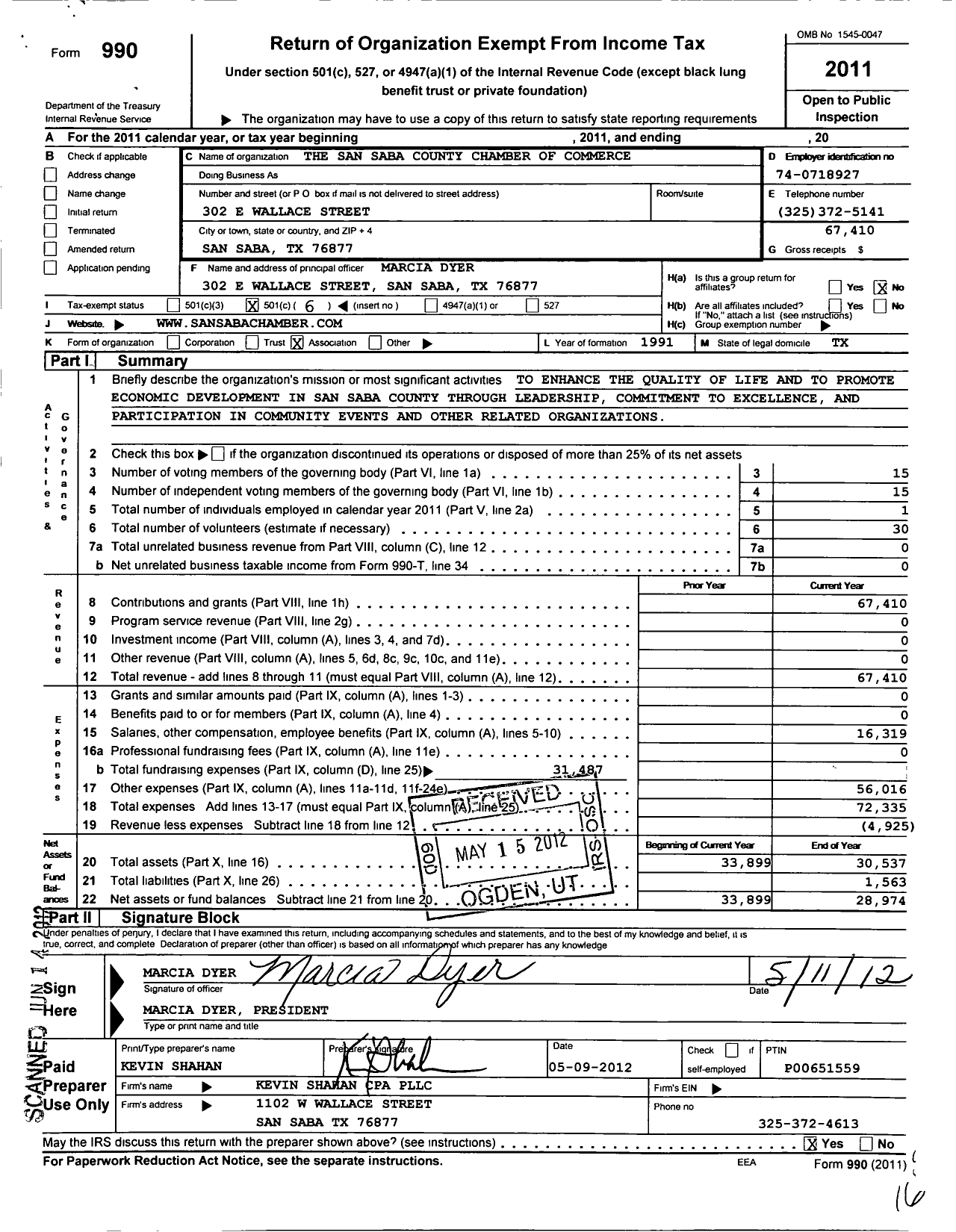 Image of first page of 2011 Form 990O for The San Saba County Chamber of Commerce