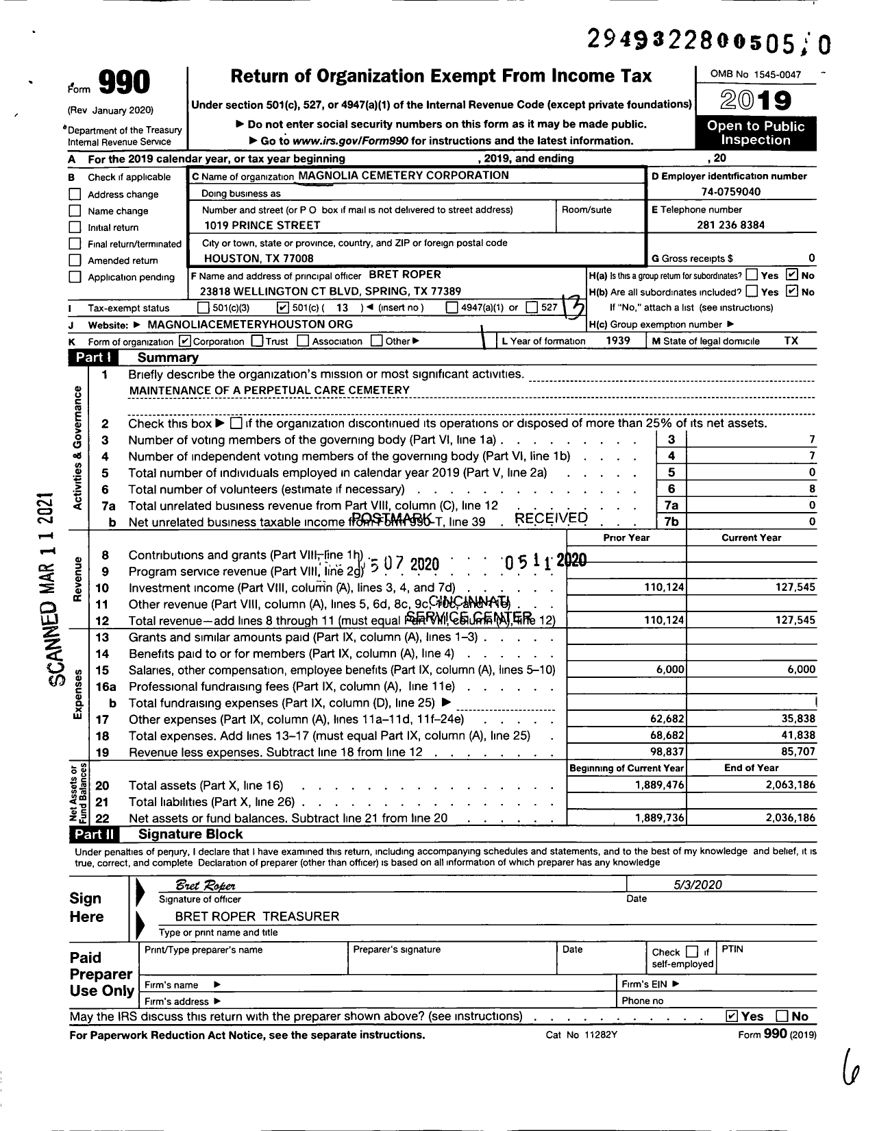 Image of first page of 2019 Form 990O for Magnolia Cemetery Corporation