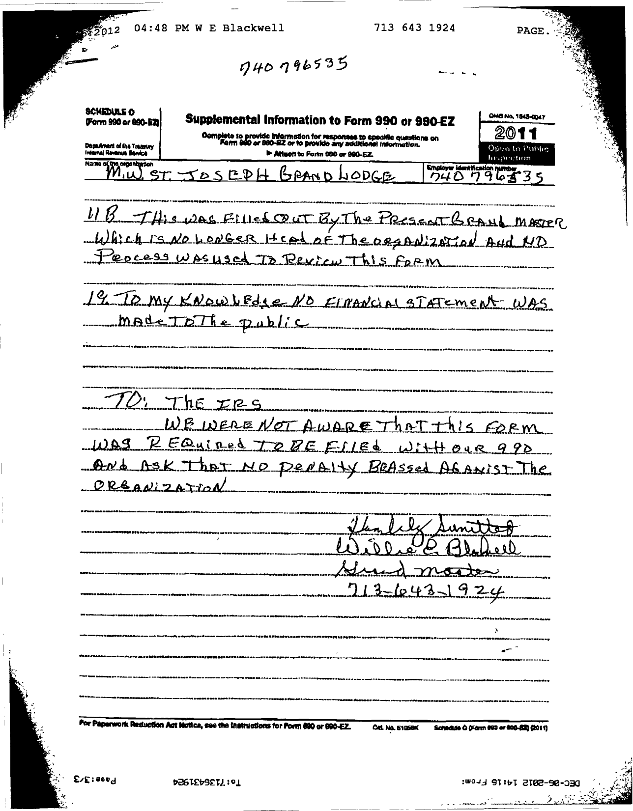 Image of first page of 2011 Form 990OR for M W St Joseph Grand Lodge of Texas Af and Am