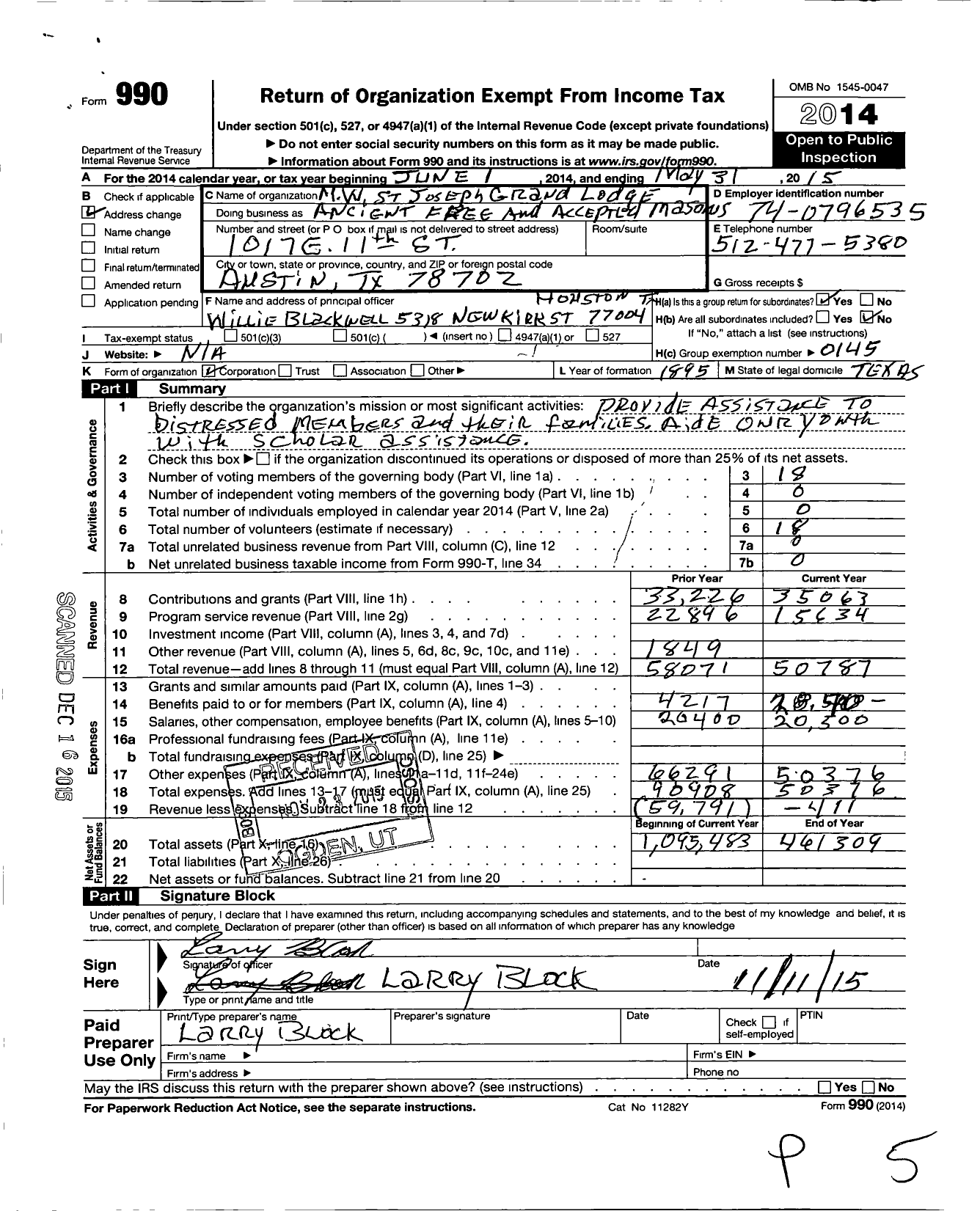 Image of first page of 2014 Form 990O for M W St Joseph Grand Lodge of Texas Af and Am