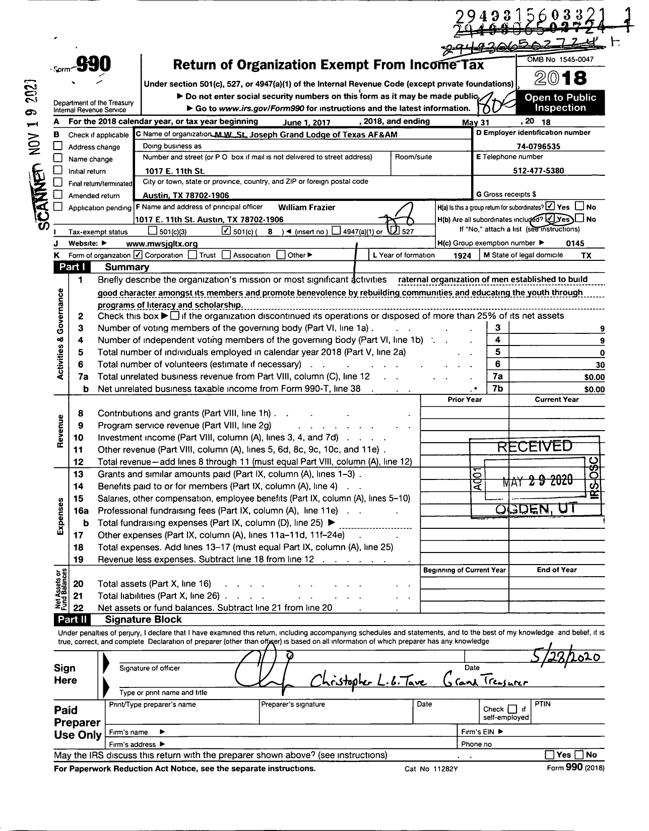 Image of first page of 2017 Form 990O for M W St Joseph Grand Lodge of Texas Af and Am