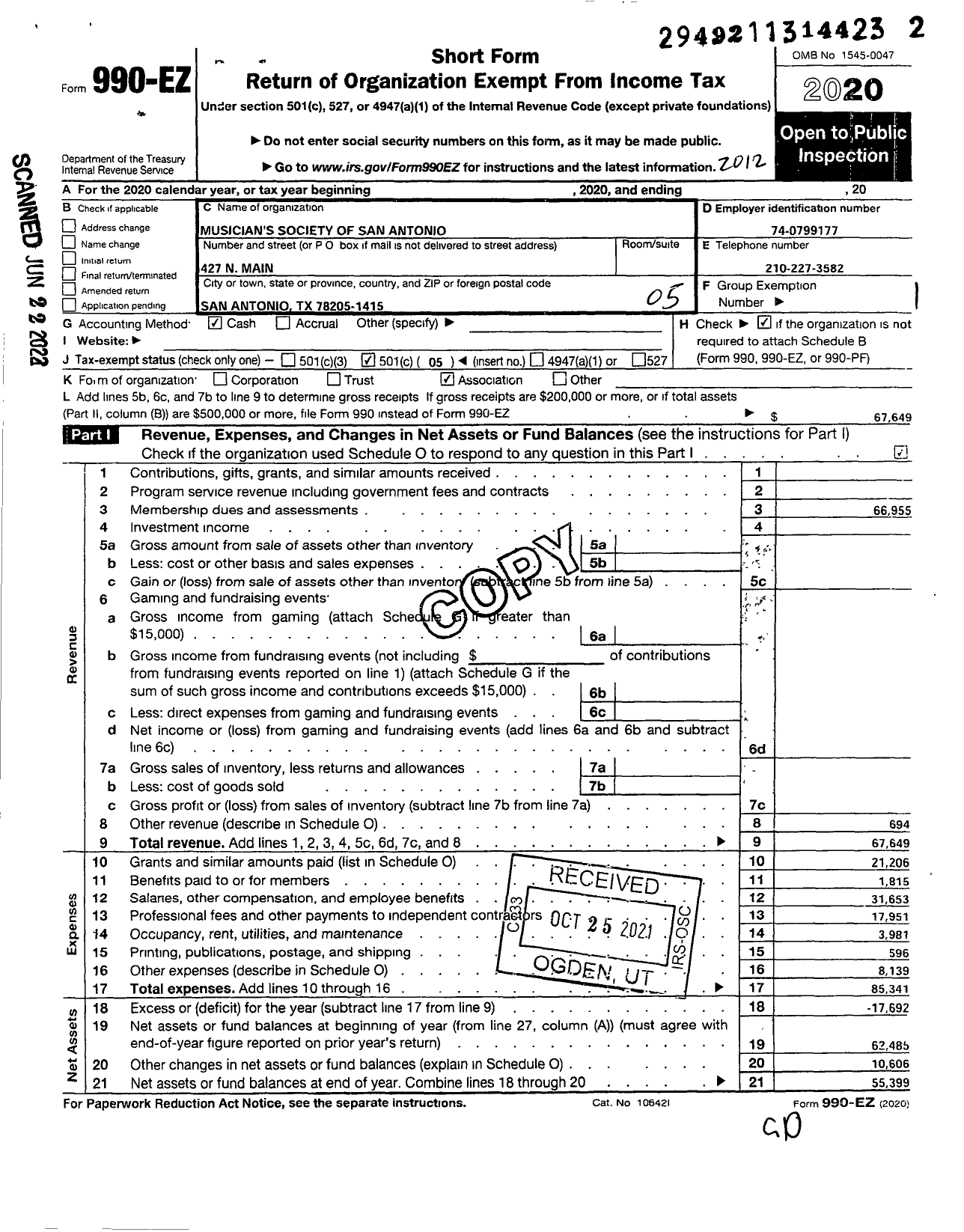 Image of first page of 2020 Form 990EO for American Federation of Musicians - 23 Local San Antonio