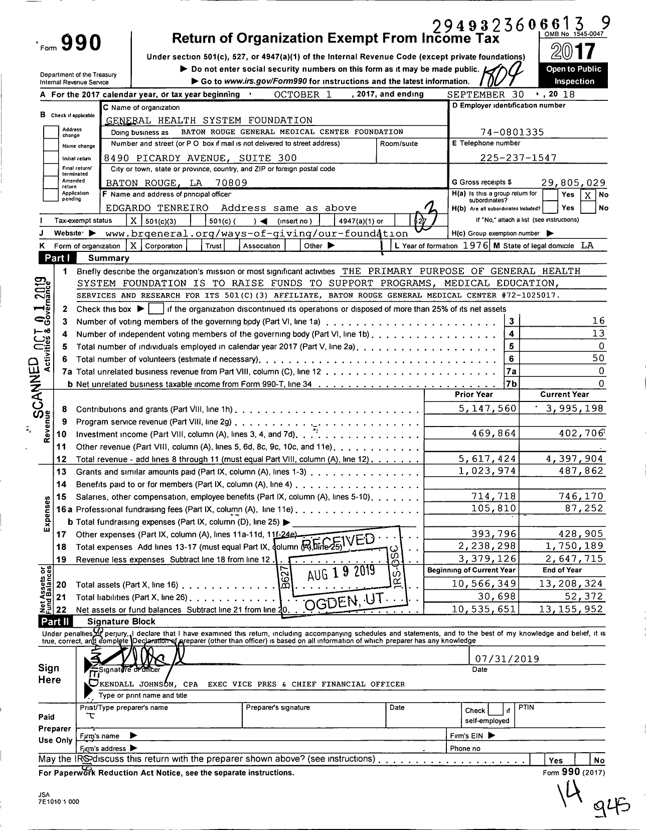 Image of first page of 2017 Form 990 for General Health System Foundation