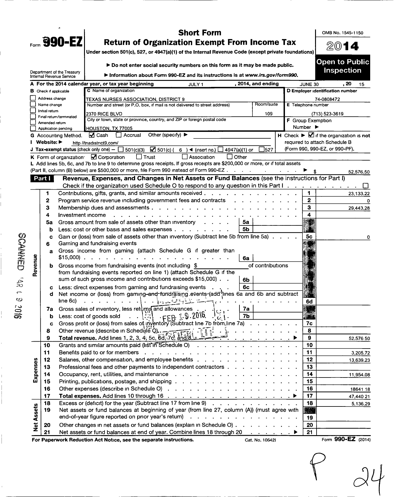 Image of first page of 2014 Form 990EO for Texas Nurses Association District 9