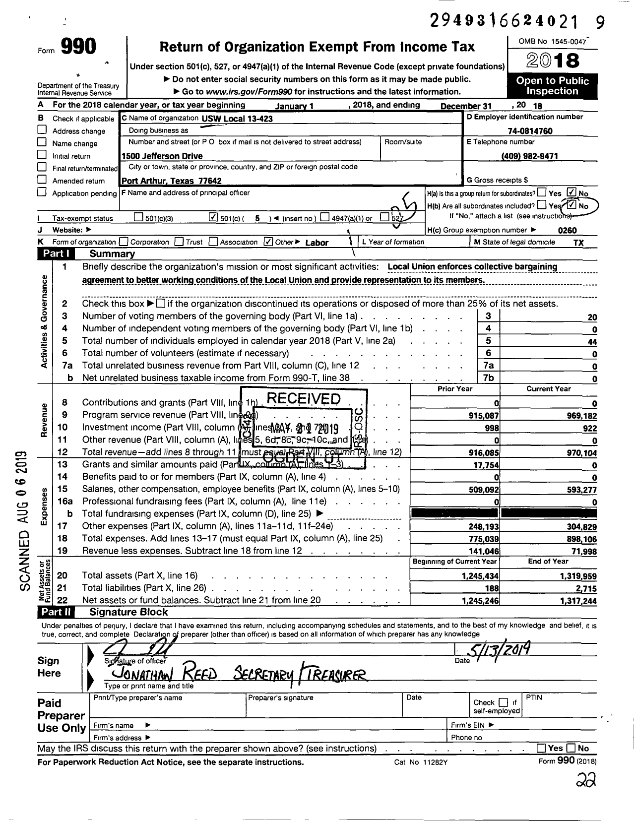 Image of first page of 2018 Form 990O for United Steelworkers Local 13-423