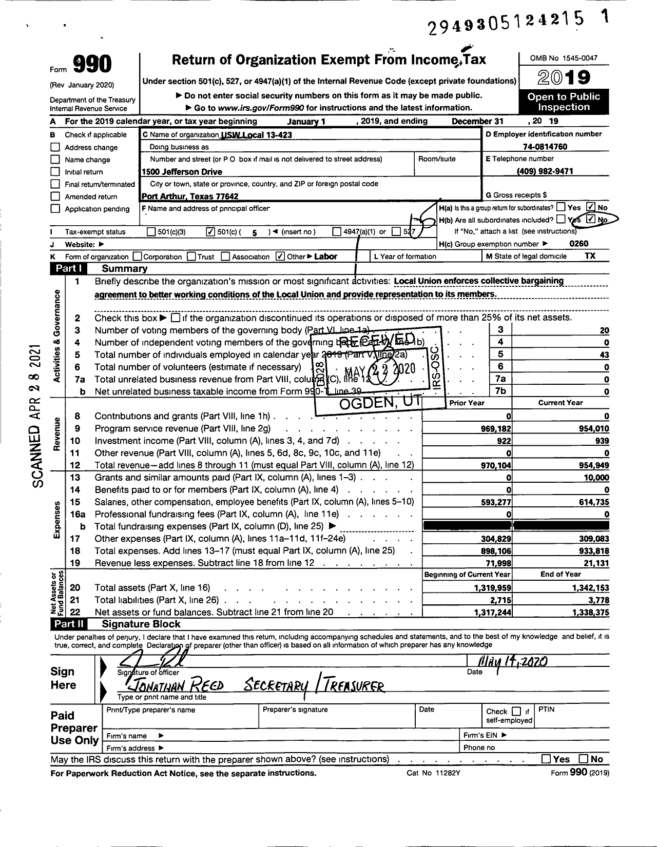 Image of first page of 2019 Form 990O for United Steelworkers Local 13-423