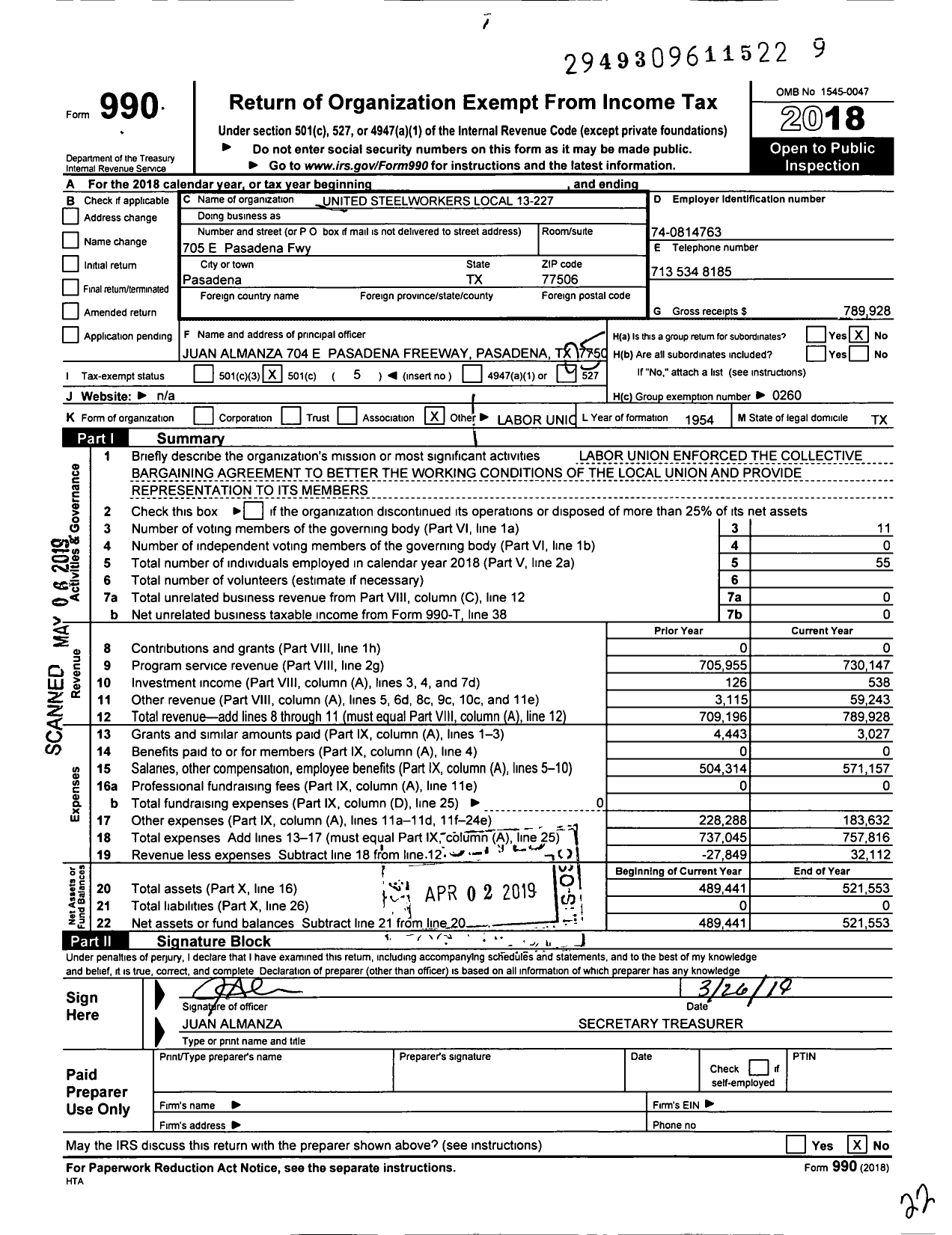 Image of first page of 2018 Form 990O for United Steelworkers - USW Local 13-227