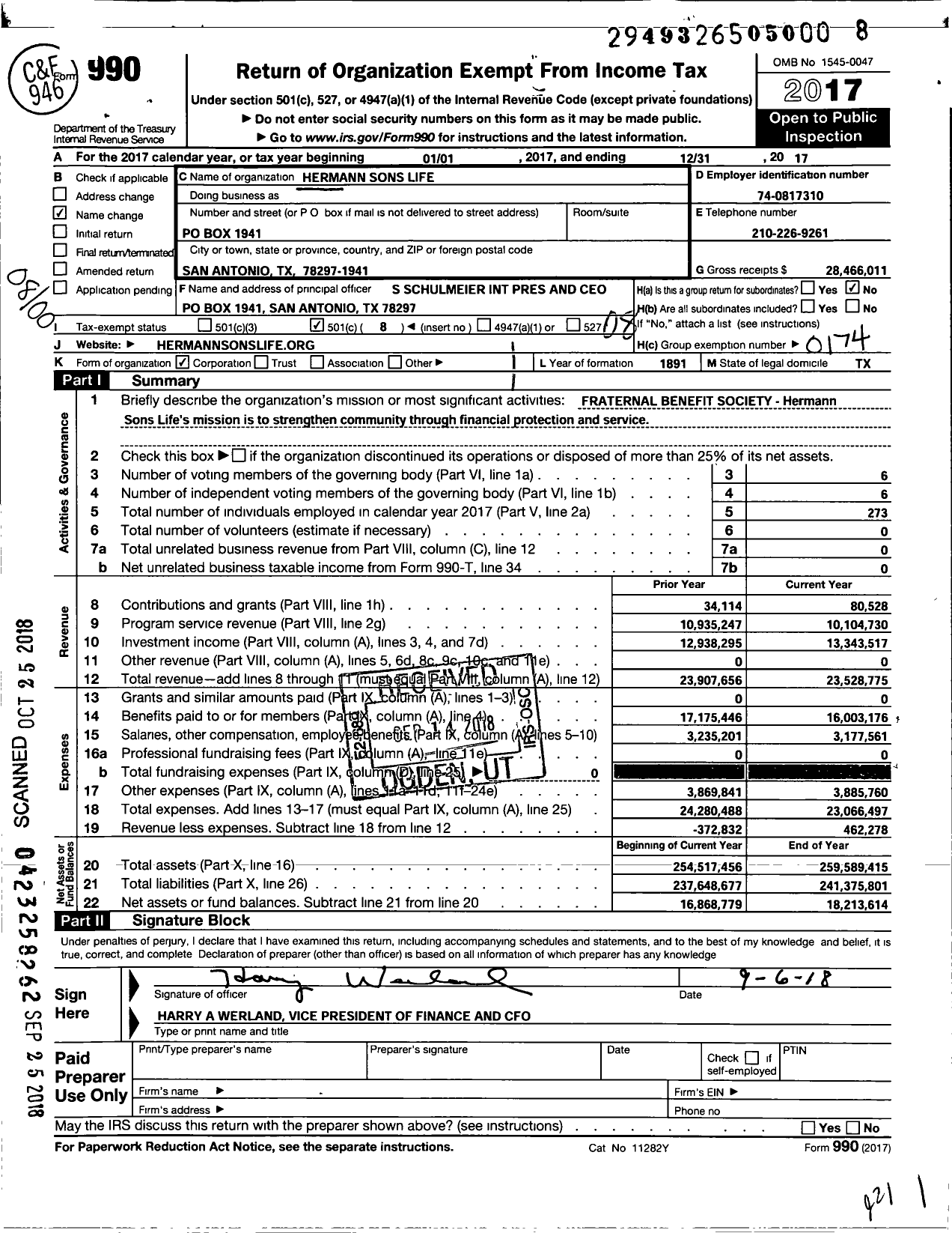 Image of first page of 2017 Form 990O for Hermann Sons Life