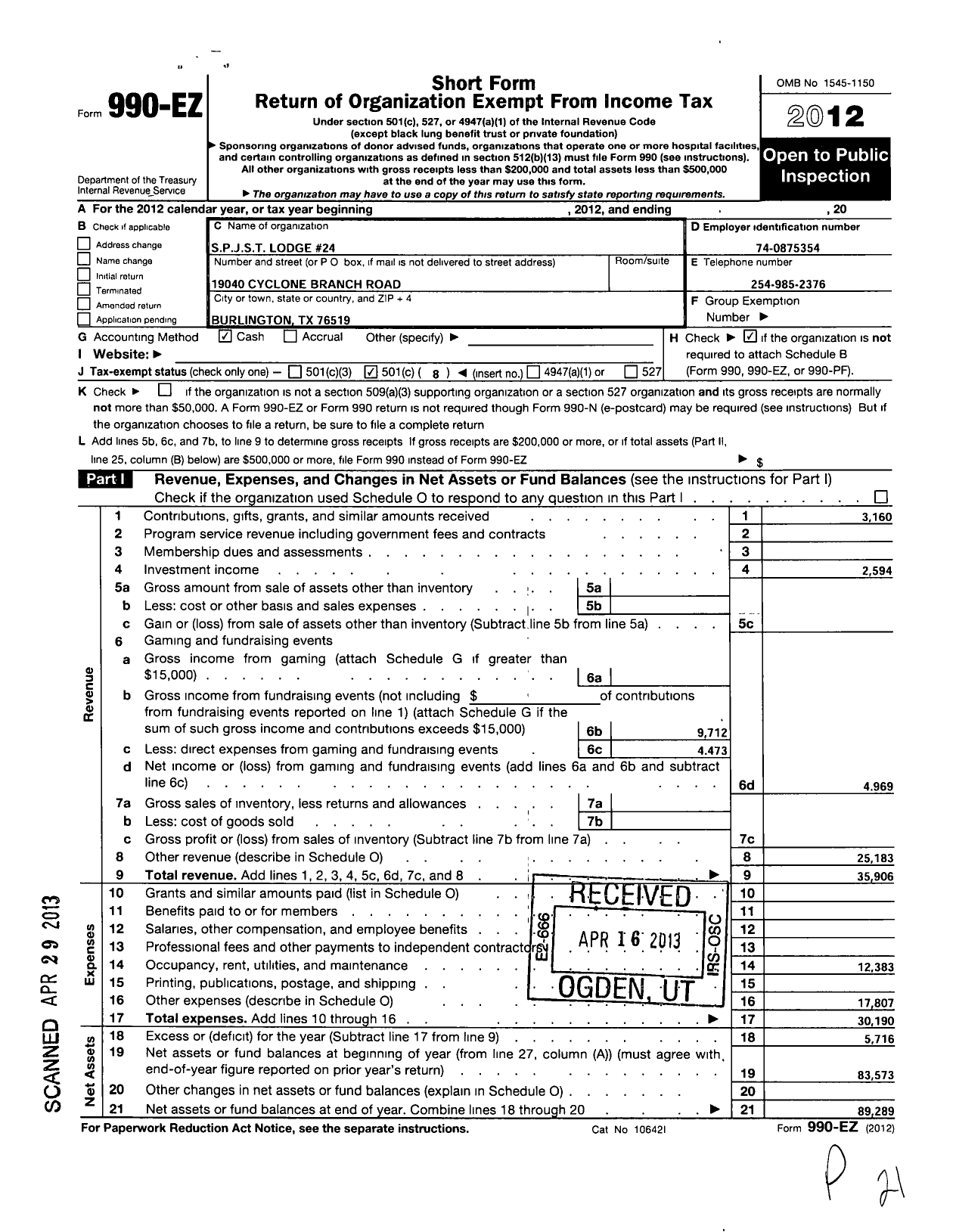 Image of first page of 2012 Form 990EO for Slavonic Benevolent Order of the State of Texas - 24