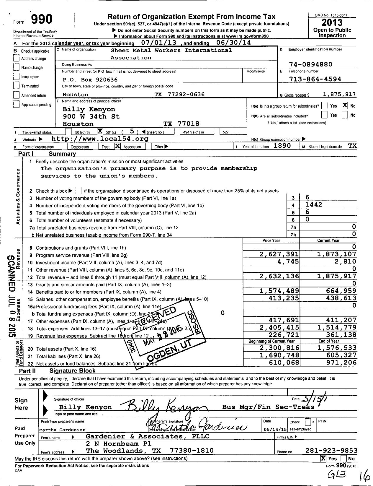 Image of first page of 2013 Form 990O for Smart Union - 54 SM