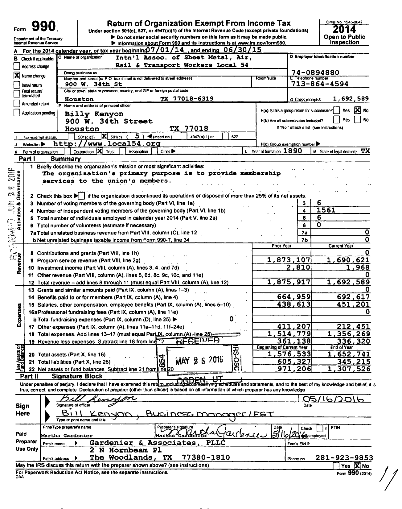 Image of first page of 2014 Form 990O for Smart Union - 54 SM